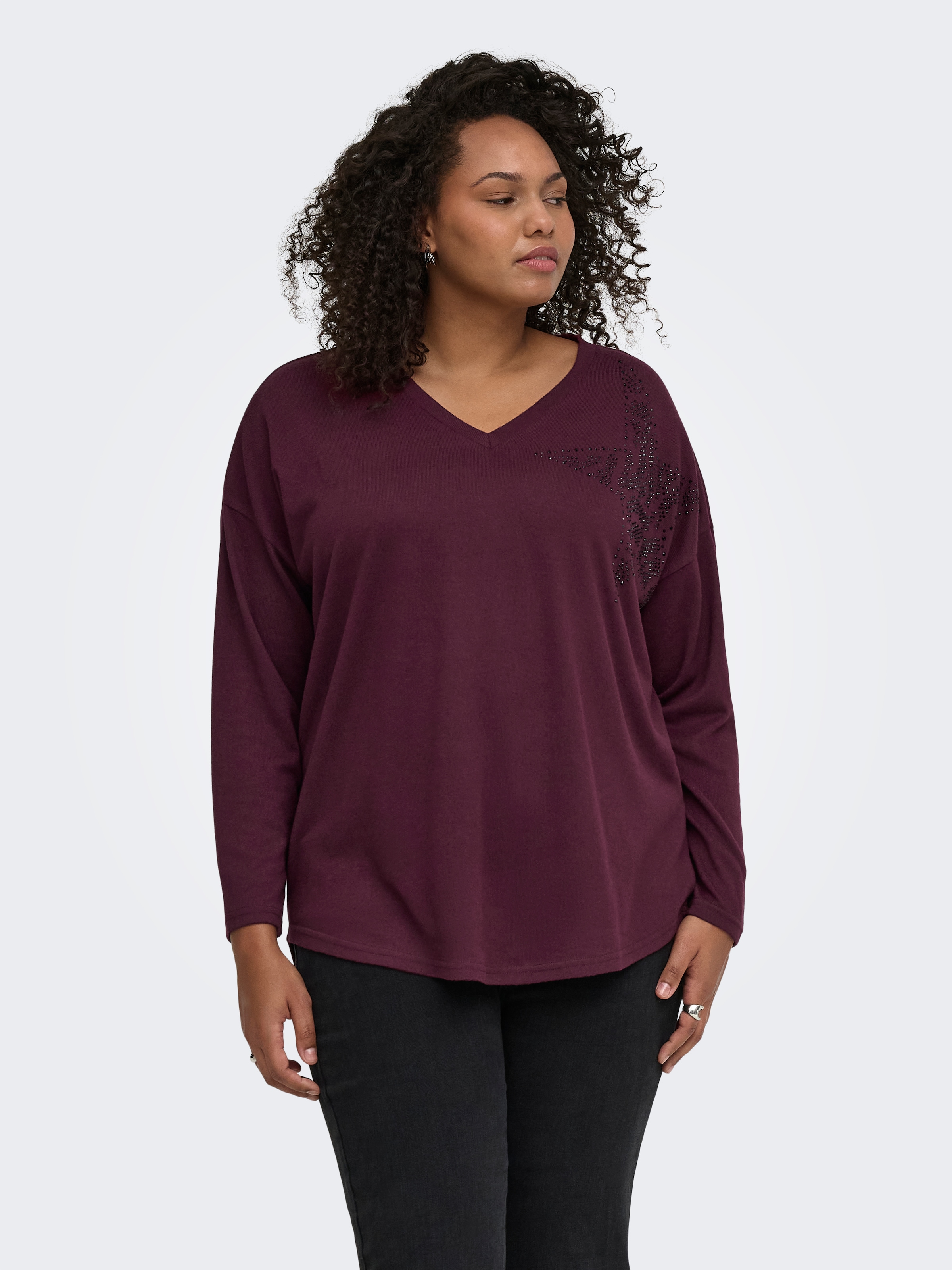 Image of ONLY CARMAKOMA V-Shirt "CARALBA L/S V-NECK DECO TOP JRS BF" Kunstfaser, regular fit