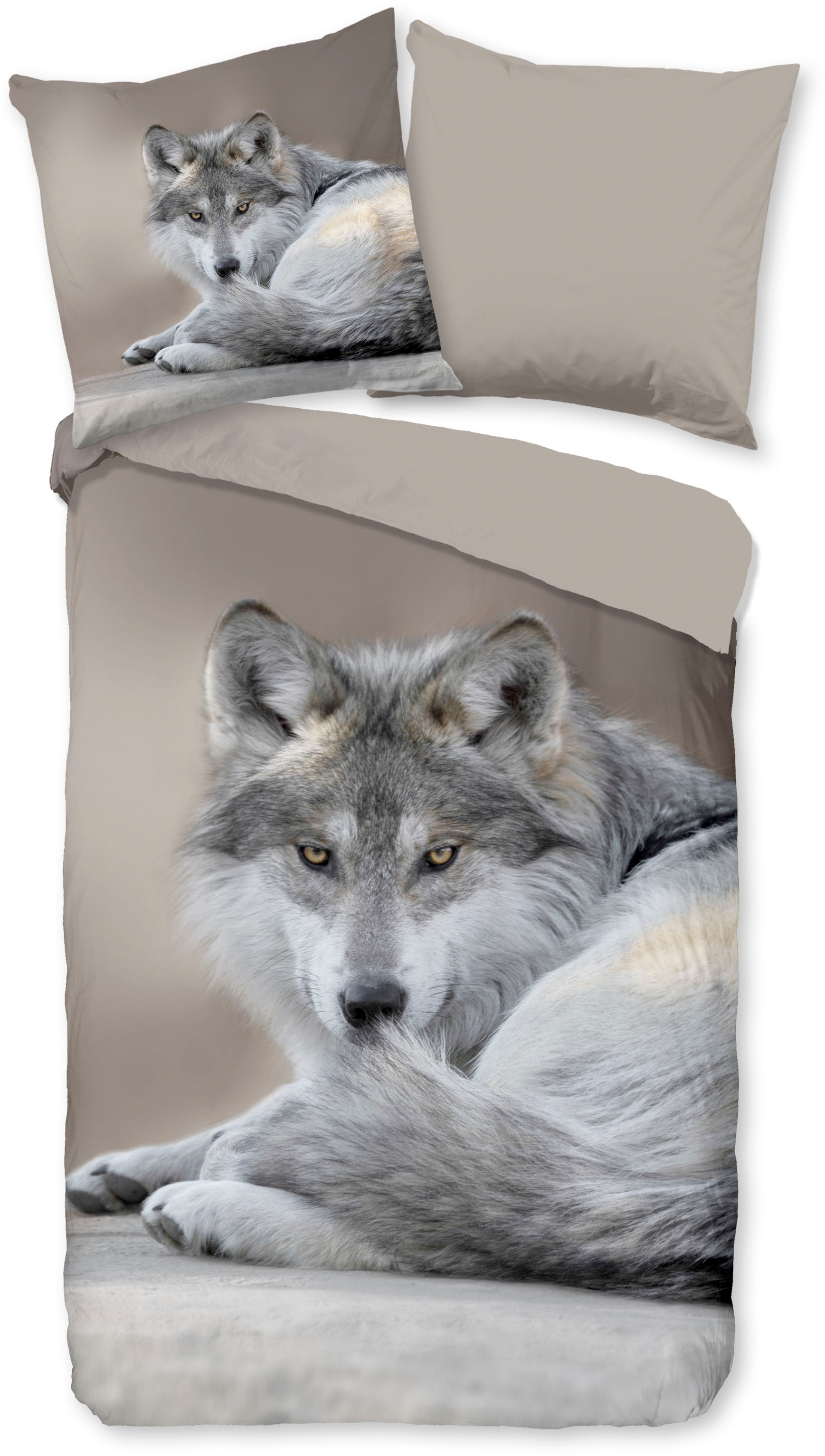 PURE luxury collection Wendebettwäsche »Sharp Wolf«, Mikrofaser, 135x200, Pflegeleicht Reissverschluss, Wende, Wolf, Taupe