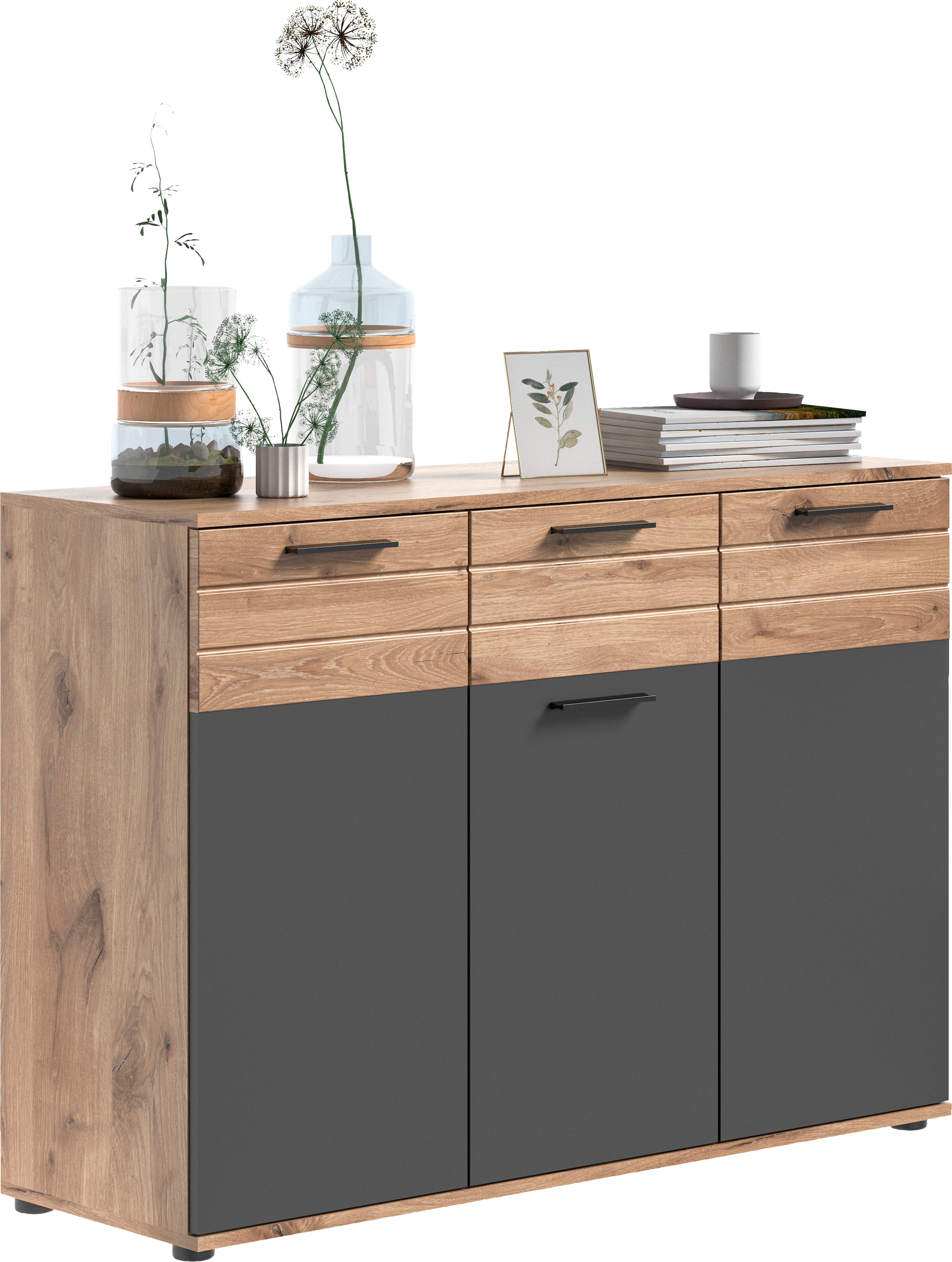 Image of Home affaire Sideboard "Riga, Breite 120cm, 3 Türen, 1 Schubkasten, 5 Einlegeböden, 8 Fächer" hochwertige Rillenfräsung, mit Softclose, Kommode, Anrichte, Schrank