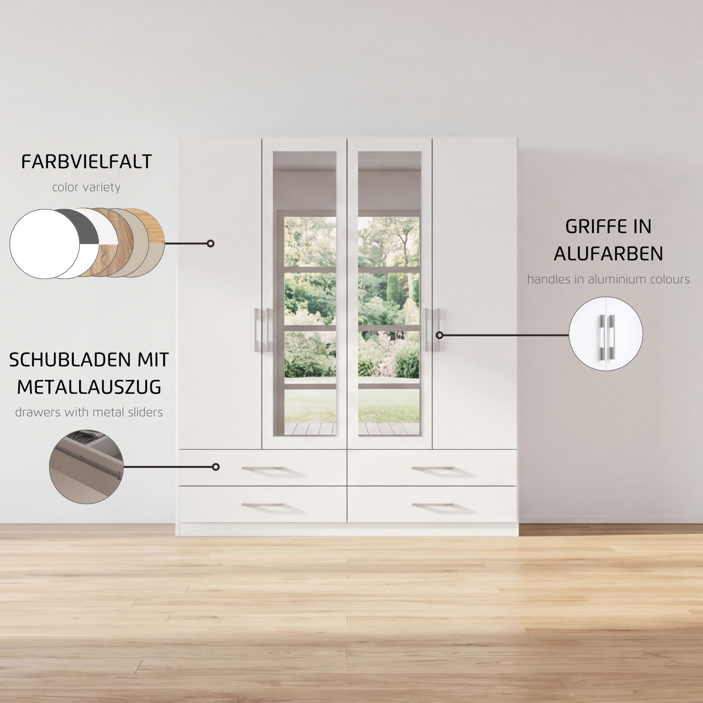 rauch Armoires à vêtements »Schrank Garderobenschrank Mehrzweckschrank Schlafzimmer HERSBRUCK« 3 finitions différentes BASIC/CLASSIC/PREMIUM (incl. soft-close),  avec tiroirs spacieux ainsi que portes-miroirs FABRIQUÉ EN ALLEMAGNE