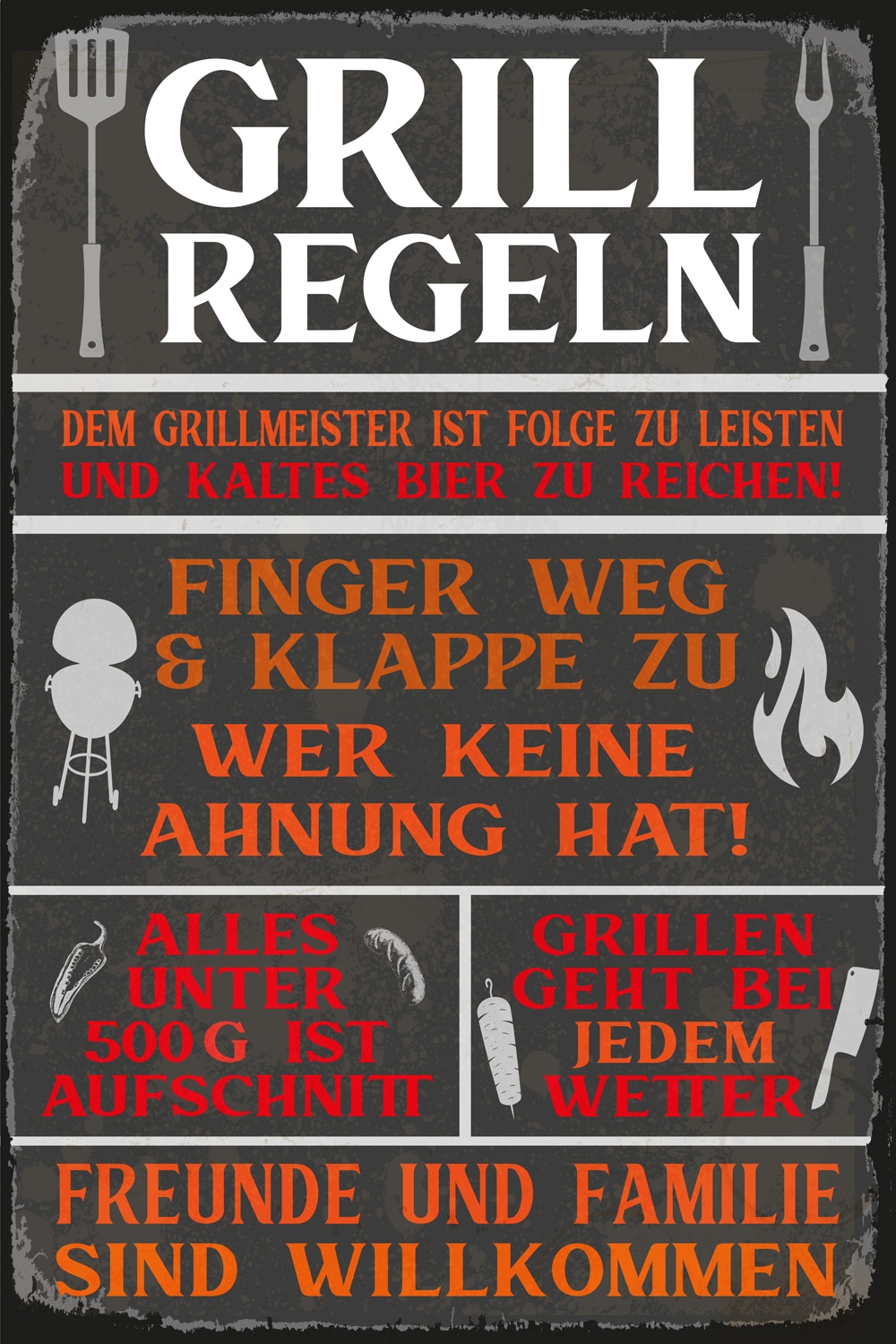 Image of queence Metallbild "Grillregeln" Essen Geschirr & Besteck Getränke Schriftzug Sprüche Sprüche & Texte Vintage 1 Stk. tlg. 20x30cm inkl. Aufhängung, Outdoor geeignet