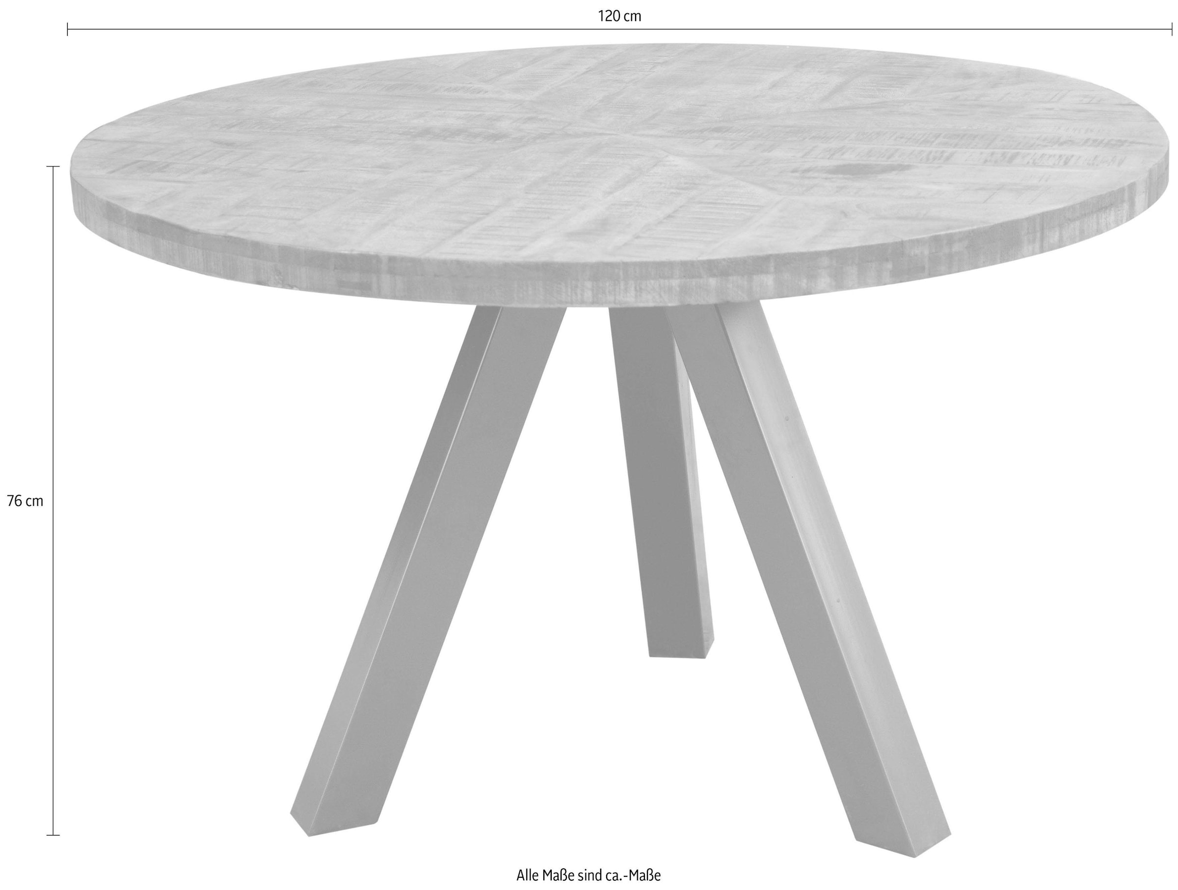 SIT Table de salle à manger »Hanoi rund aus Mangoholz 120 cm Massivholz Vintage Industrial« piètement tripode gris gunmetal avec plateau de table rustique