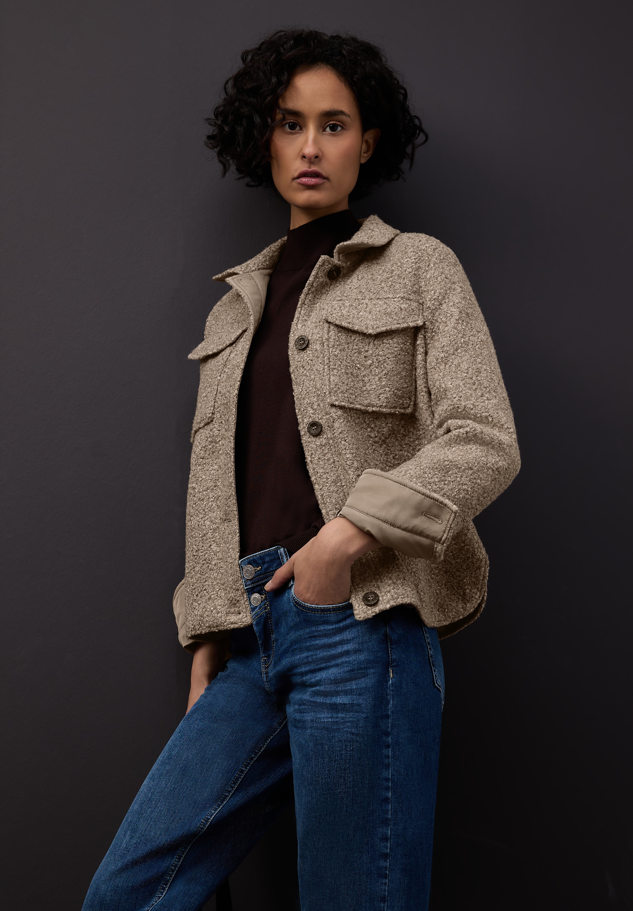 STREET ONE Blusenjacke ohne Kapuze Overshirt in Woll-Optik, mit Hemdkragen und Knopfleiste