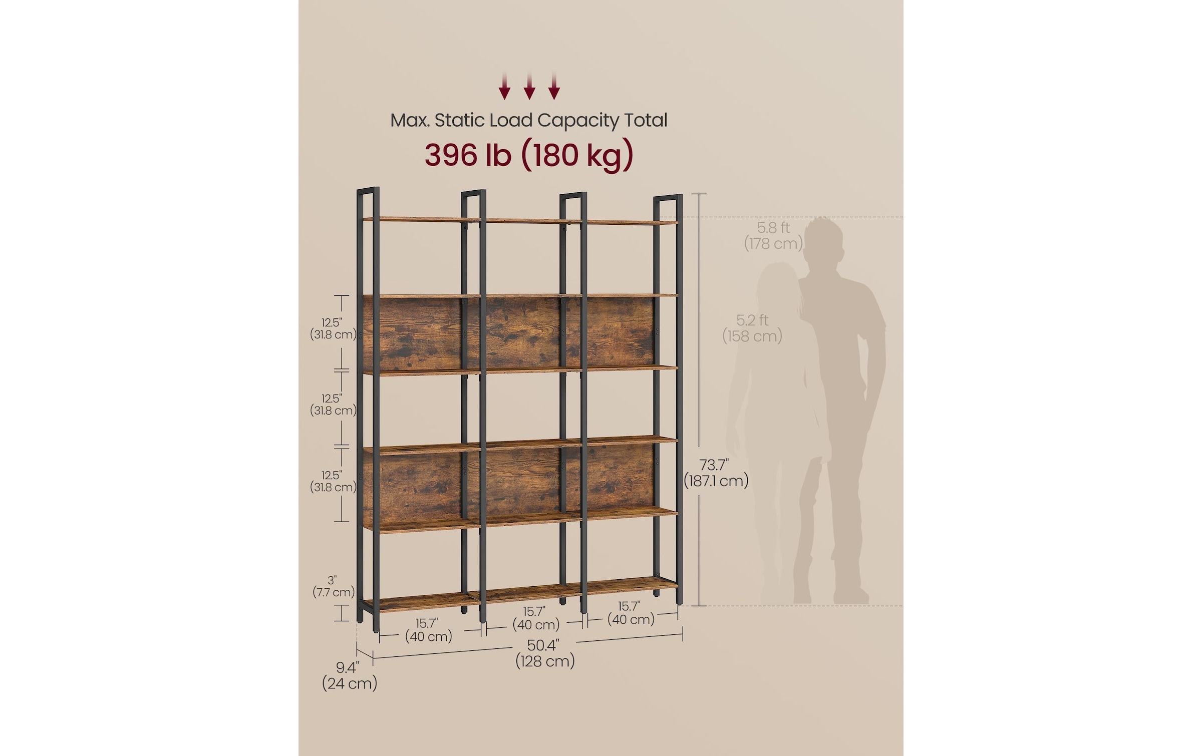 VASAGLE Bücherregal »128 x 24 x 187.1 cm« Industrie-Design-Bücherregal mit sechs Ebenen aus Holz und Stahl