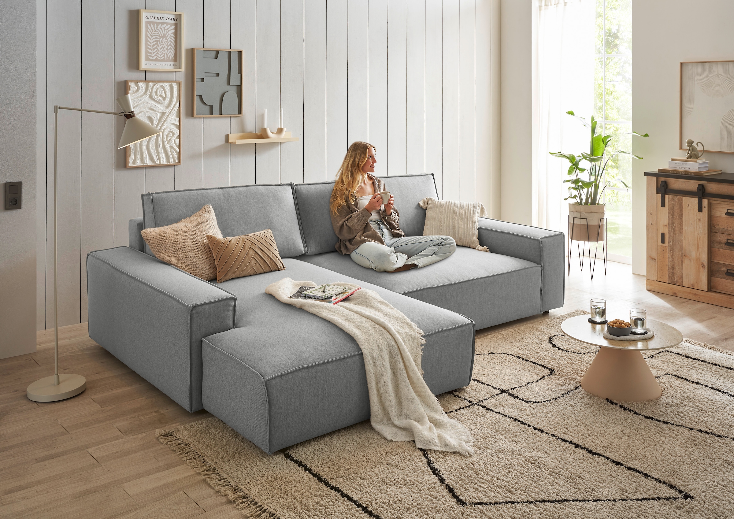 Home affaire Ecksofa »NEU: SHERWOOD XXL 284, Big-Sofa L-Form, tiefe Sitzfläche 95 cm, Cord« Recamiere rechts/links, als Schlafsofa stellbar, Cord u. Leinenoptik