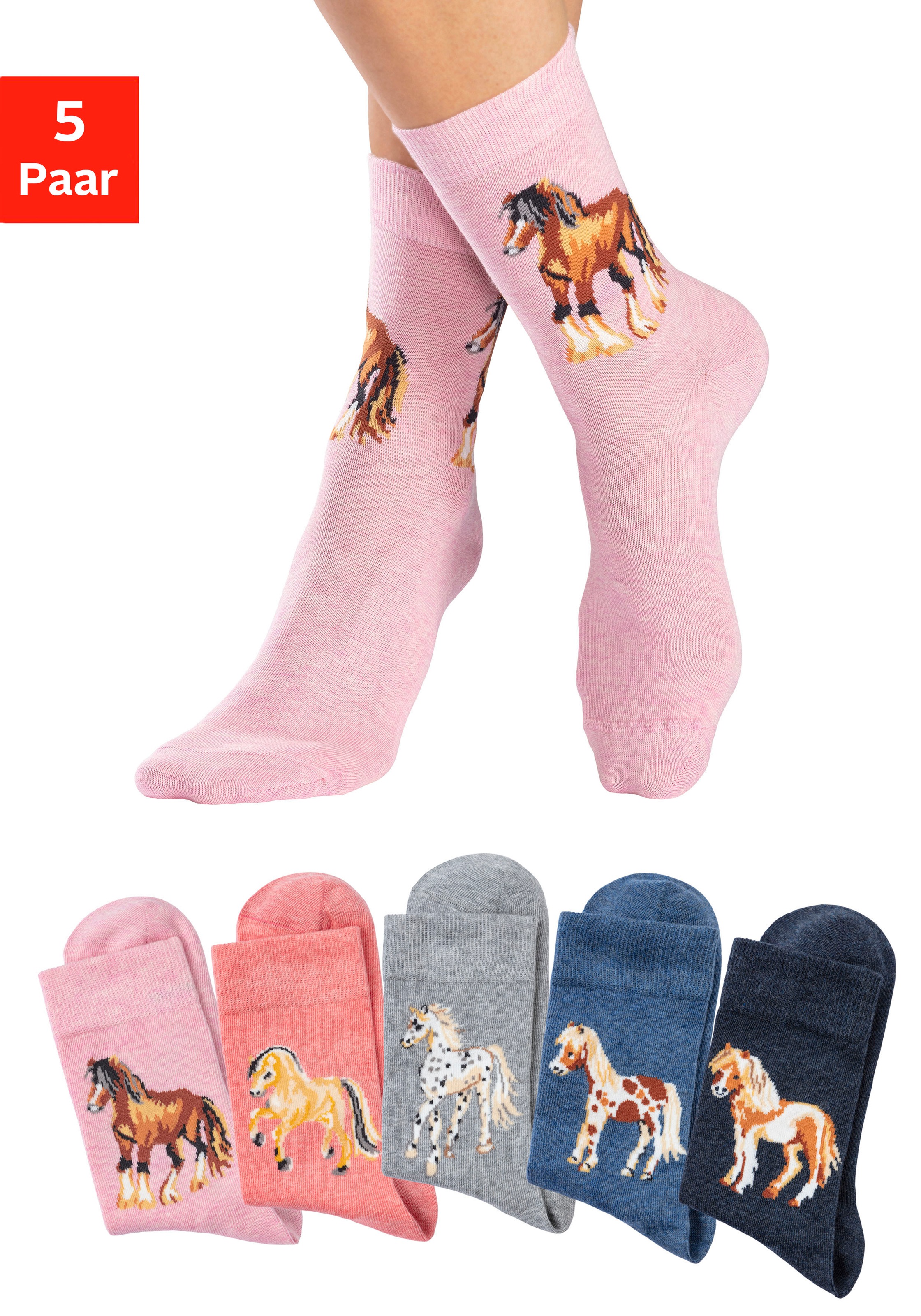 Image of H.I.S Socken "bunte Baumwollsocken für Kinder, Kindergarten & Schule" Packung, 5 Stk. tlg. mit unterschiedlichen Pferdemotiven