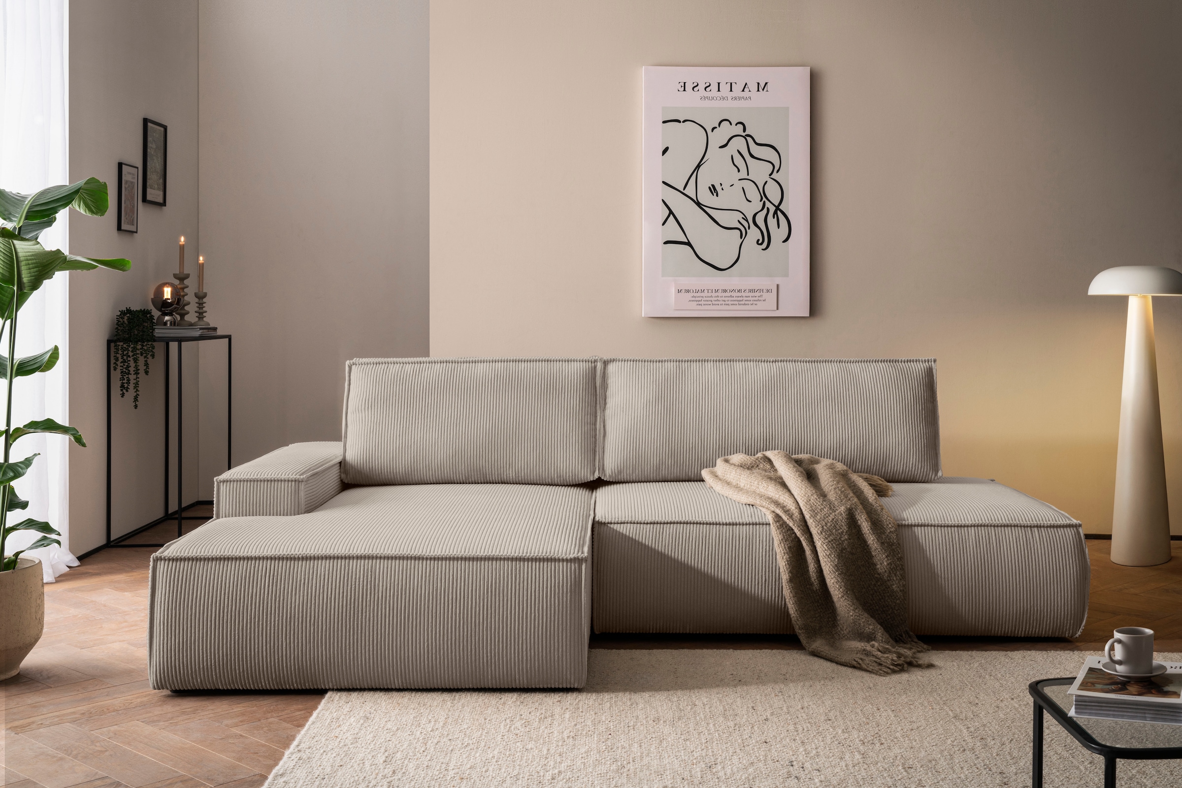 Home affaire Ecksofa »SHERWOOD, Schlafsofa in L-Form offen (275cm), Cord, Leinenoptik«, Schlaffunktion und Bettkasten, Kedernaht, hoher Sitz- & Liegekomfort