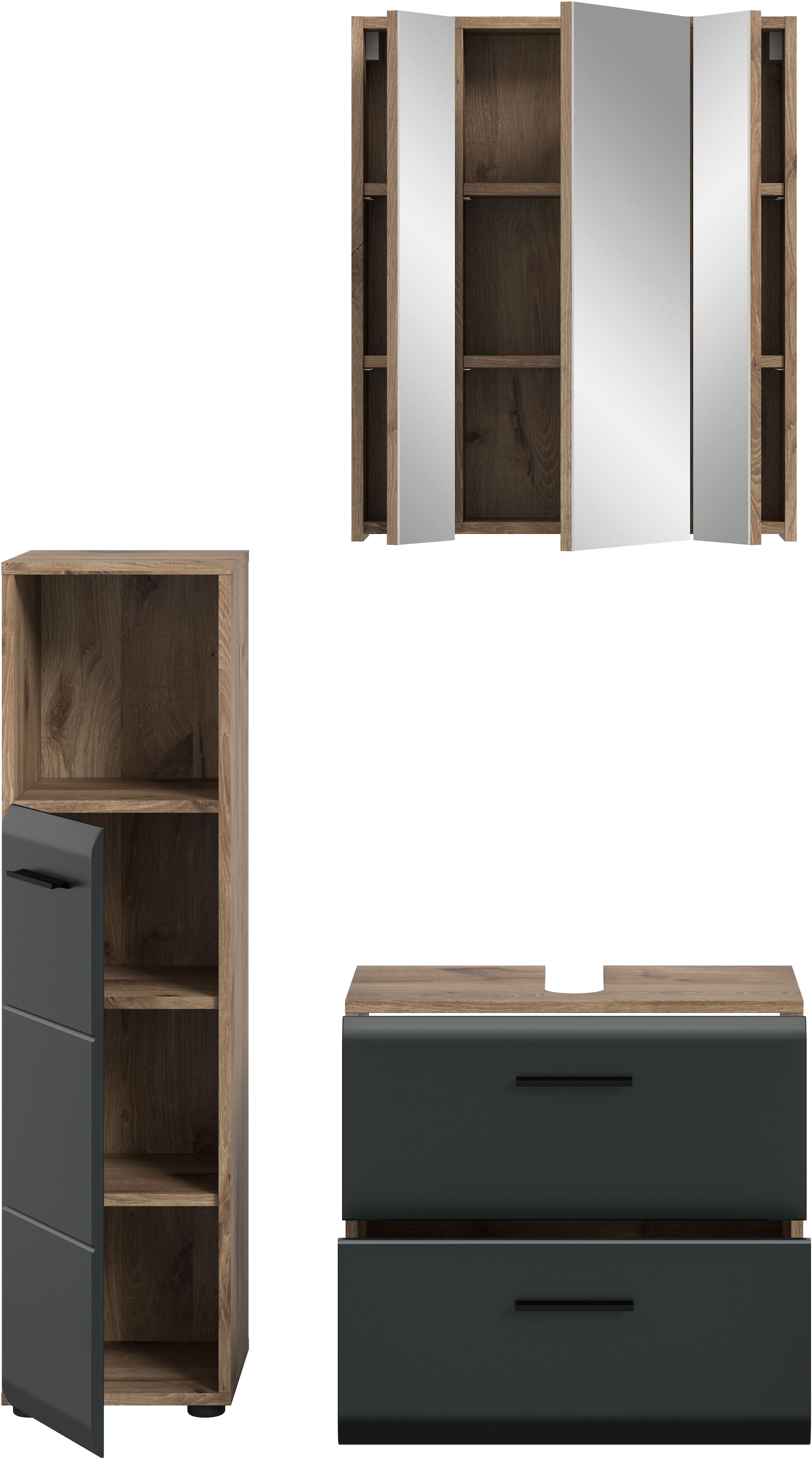 welltime Badmöbel-Set »FLORENZ, TOPSELLER!, 3-teilige Badkombination, hochwertige MDF-Front« best. aus: Midischrank hoch, Waschbeckenunterschrank, Spiegelschrank, 