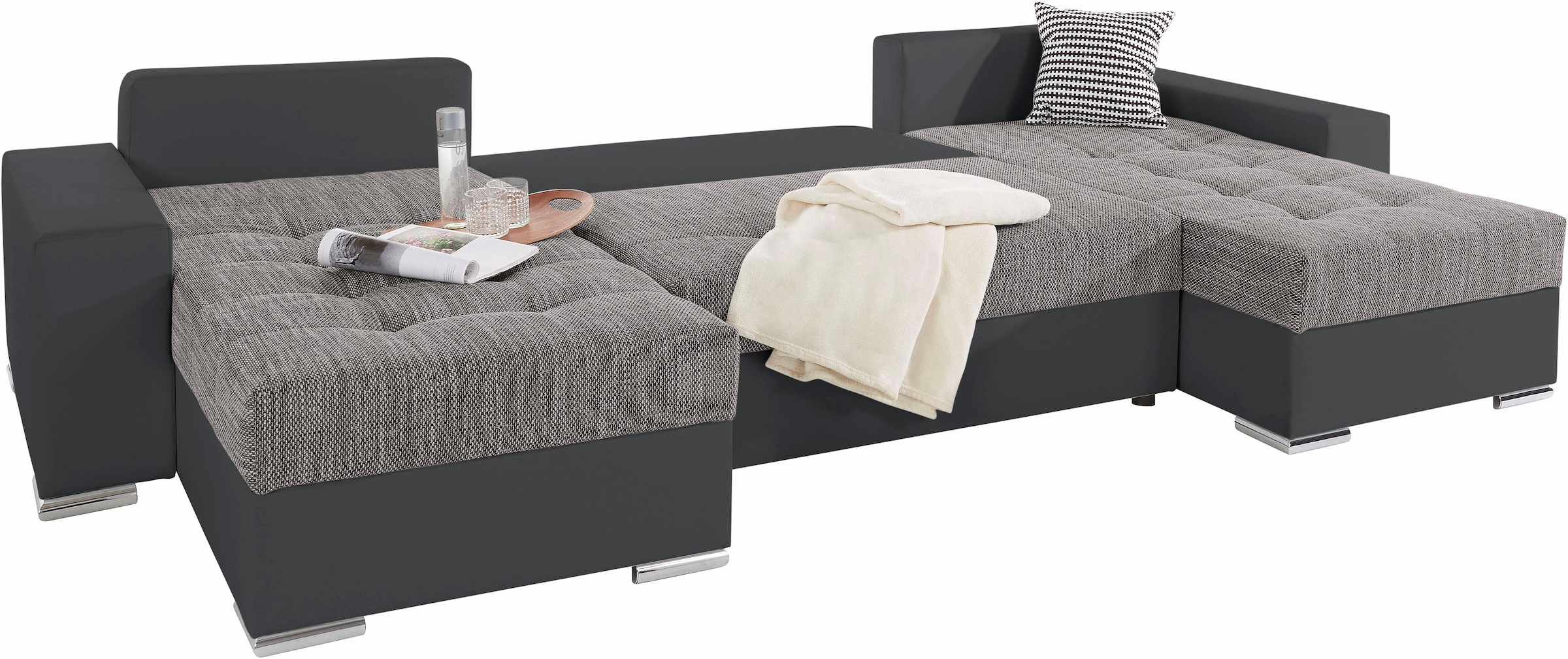 COLLECTION AB Wohnlandschaft »XL-Josy U-Form, Breite 313 cm, Kunstleder-Mix, Microfaser«, inkl. Bettfunktion, Bettkasten, mit 4 gleich grossen Rückenkissen