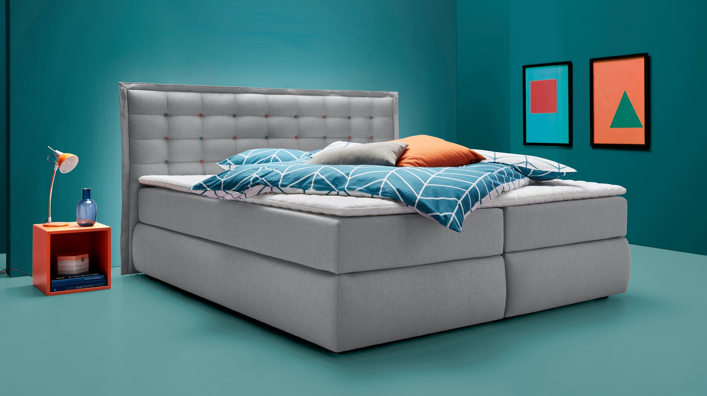 INOSIGN Boxspringbett »Sagres«, Kopfteil mit 2farbiger Flatterbiese und zweifarbigen Knöpfen