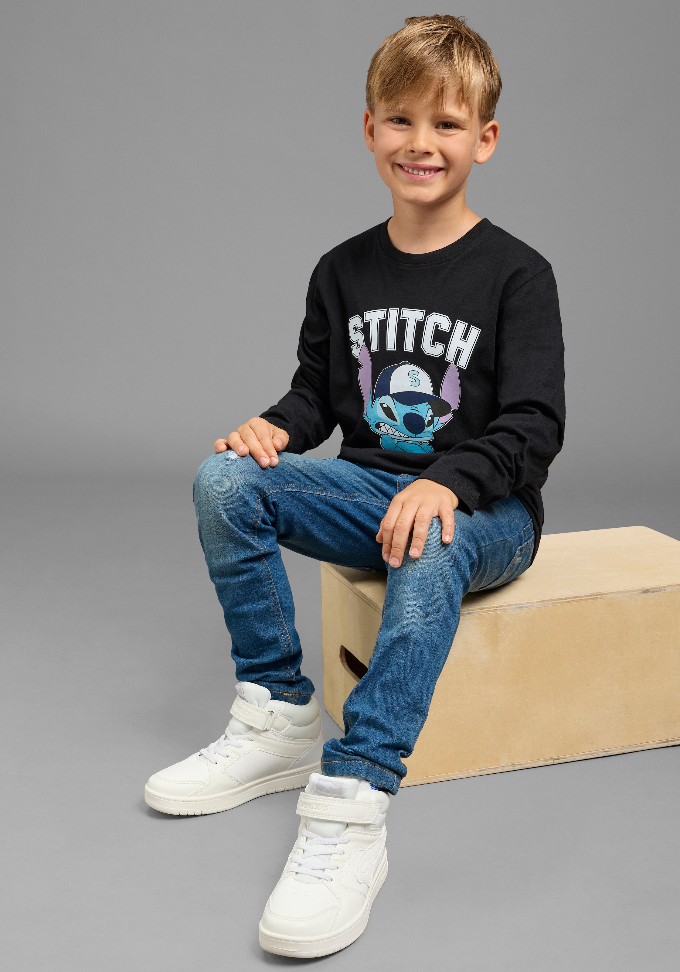 KIDSWORLD T-shirt à manches longues »STITCH Shirt für Jungen, Disney« style tendance, coupe basique, avec encolure ronde