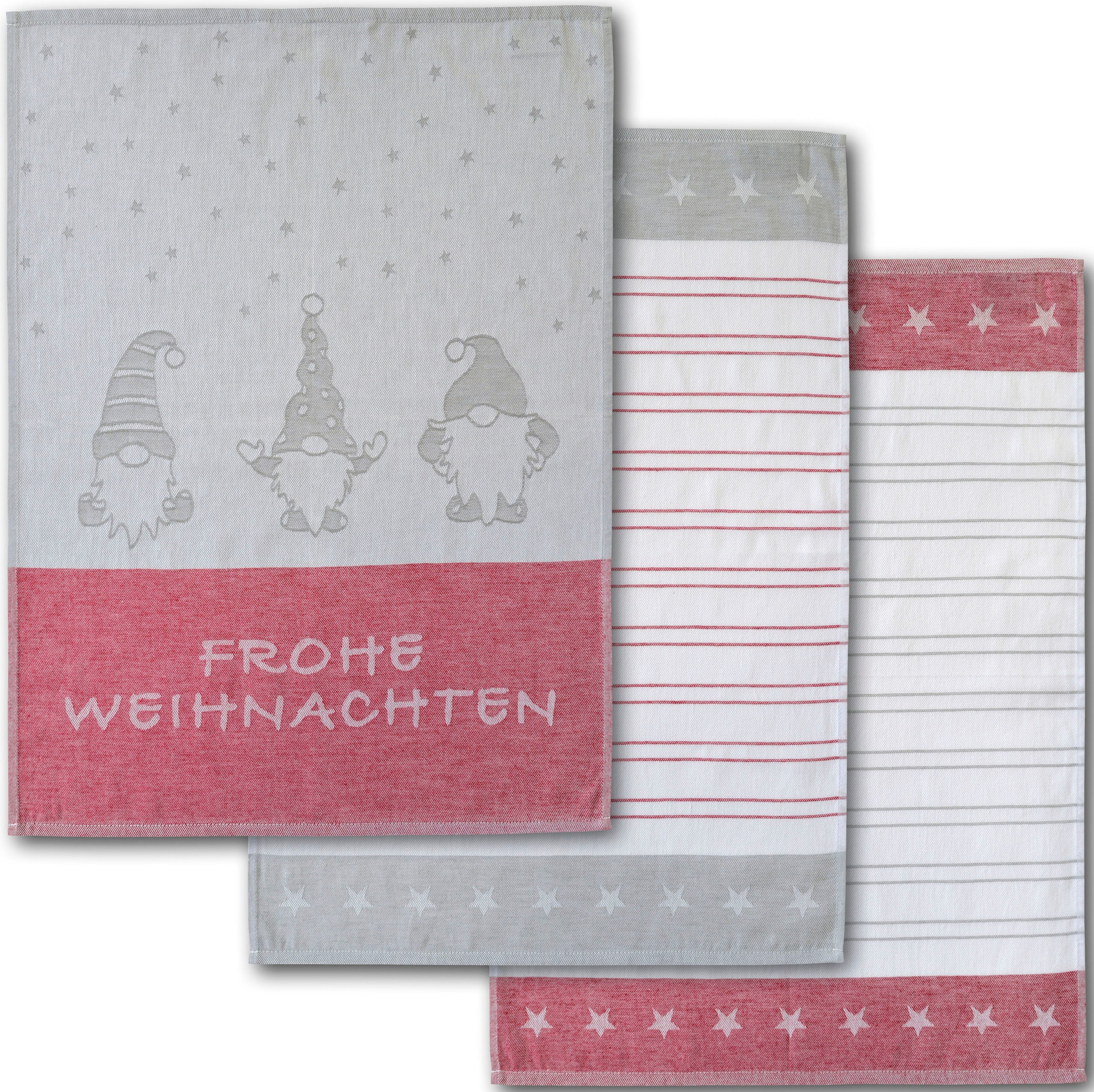 Dyckhoff Geschirrtuch »Wichtel, mit Schriftzug Frohe Weihnachten, Streifen und Sternen«, (Set, 6 tlg.), mit 3 verschiedenen Motiven, Masse je Tuch ca. 50x70 cm, 100% Baumwolle