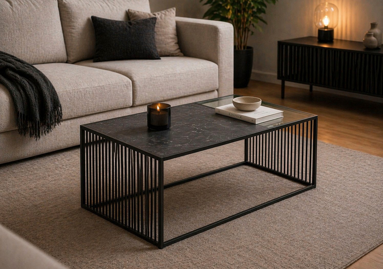 Image of ACTONA GROUP Couchtisch "Strington, Marmoroptik schwarz - modern & stilvoll, pflegeleicht" Couchtisch, Beistelltisch, Kaffeetisch, OTTOs Choice, Glasplatte & Metallgestell, verschiedene Formen