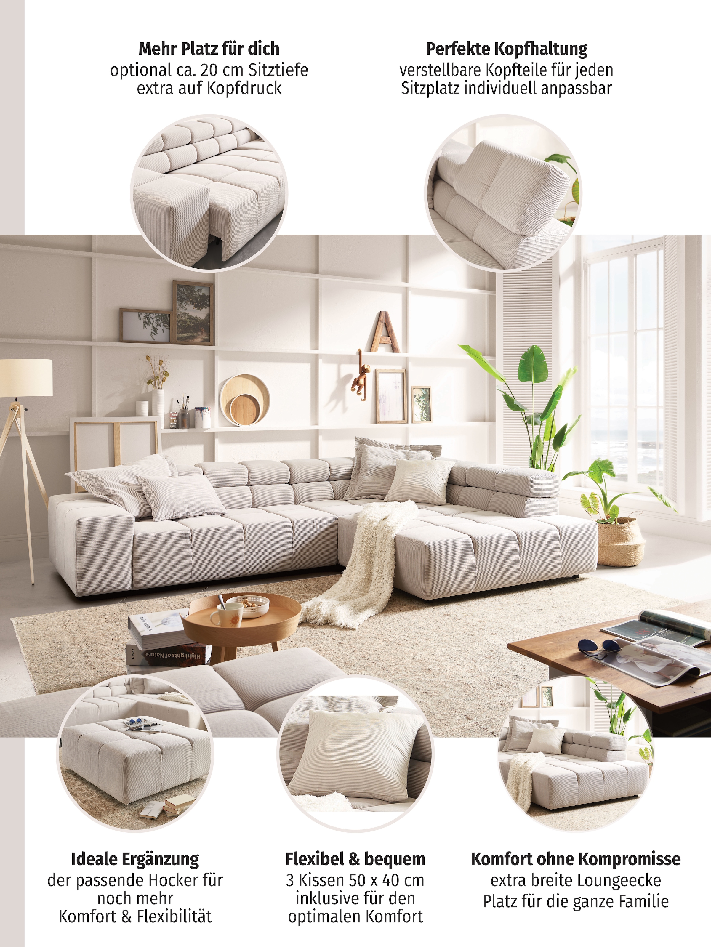 Home affaire Canapé d'angle »Ancona, Ecksofa,  incl. Kopfteilverstellung, Breite 319 cm, L-Form« réglage motorisé de la profondeur d’assise en option, aussi en velours côtelé + Easy Care