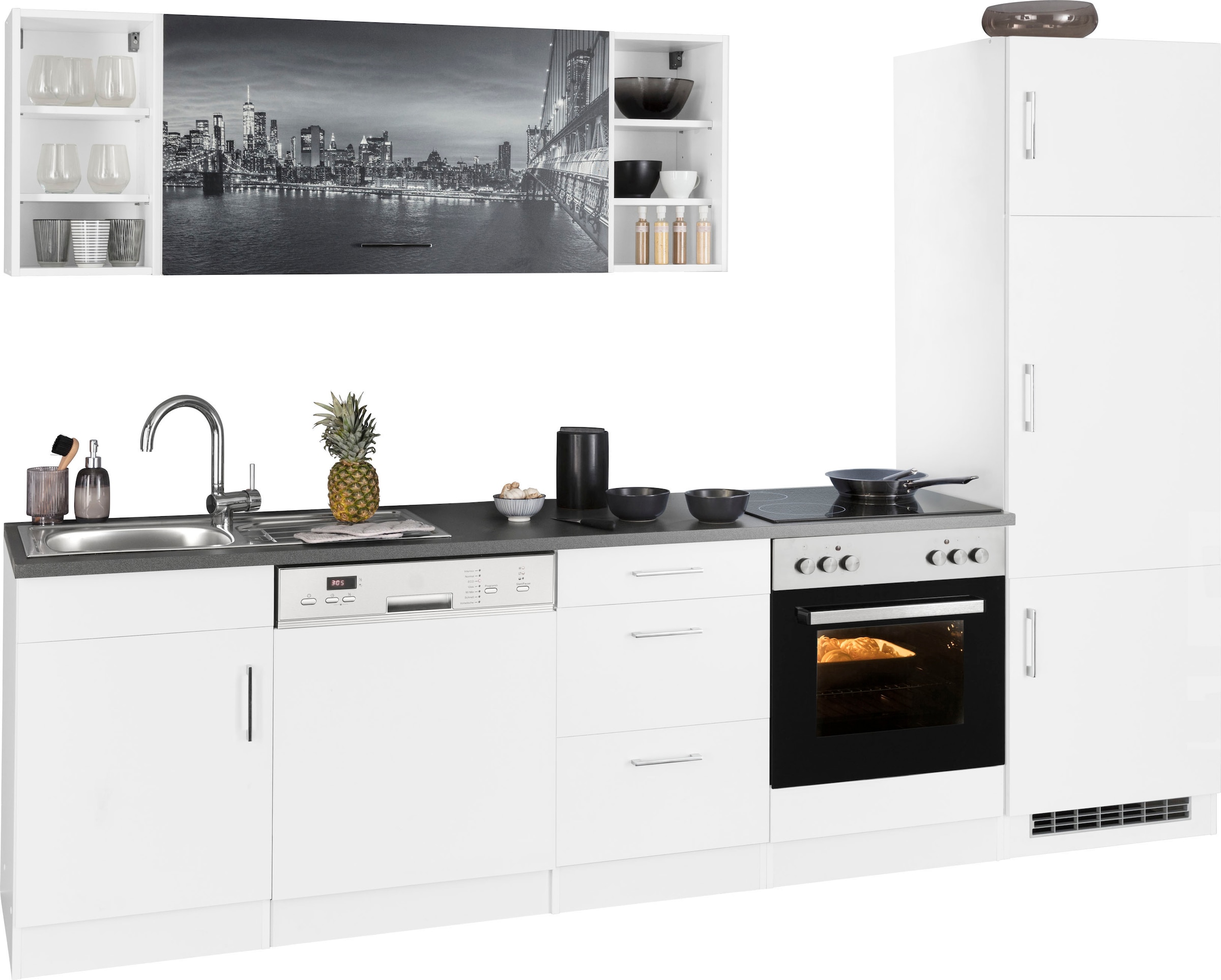 KOCHSTATION Kitchenette »KS-Paris – Küchen mit einzigartigen Fotomotiven auf den Fronten« largeur 280 cm, au choix avec appareils électriques, avec impression motif