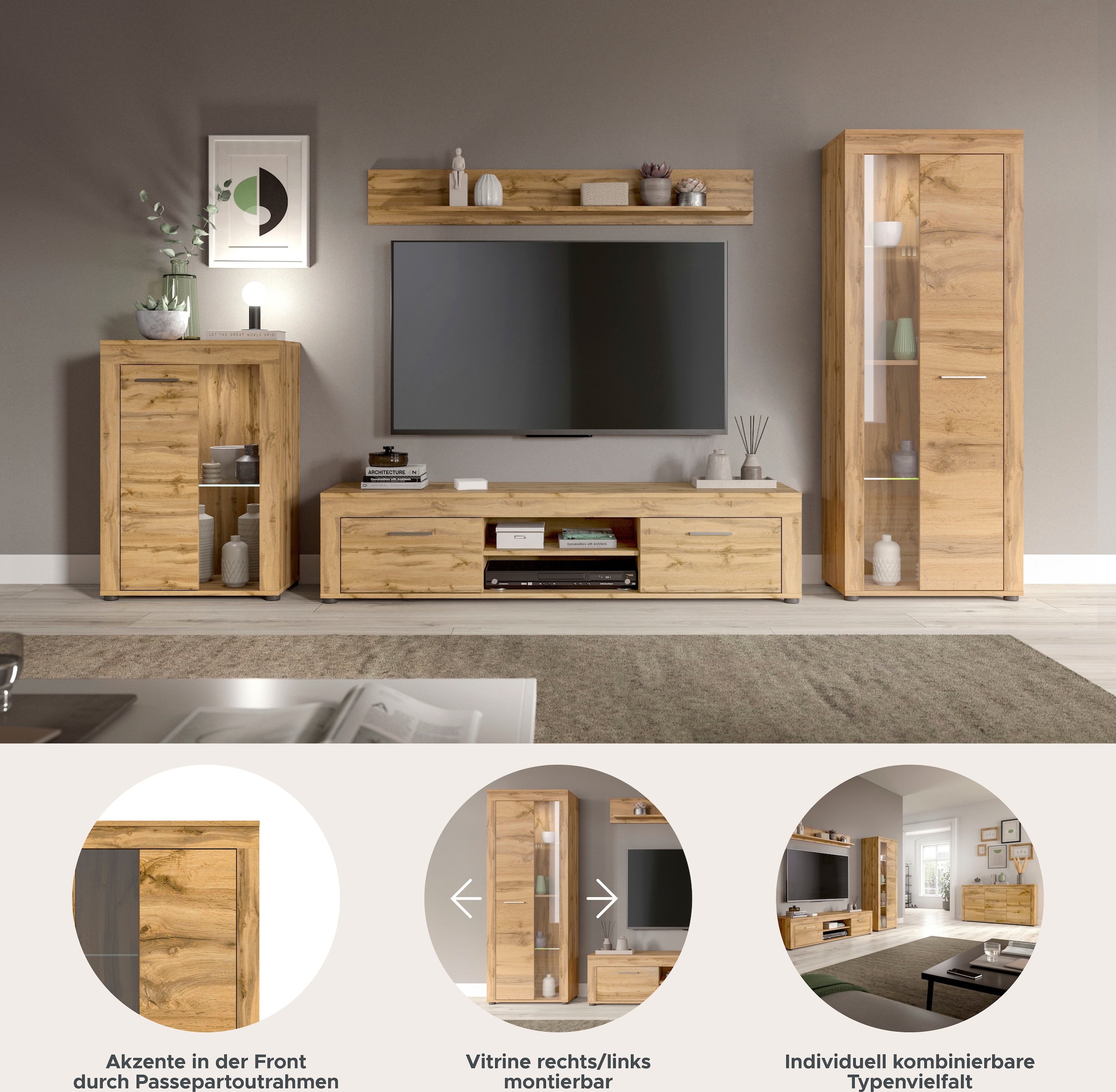 INOSIGN Wohnwand »Aosta,  4-tlg., best. aus: Vitrine, Lowboard, Wandboard & Vitrine hoch« 4 Stk. tlg.