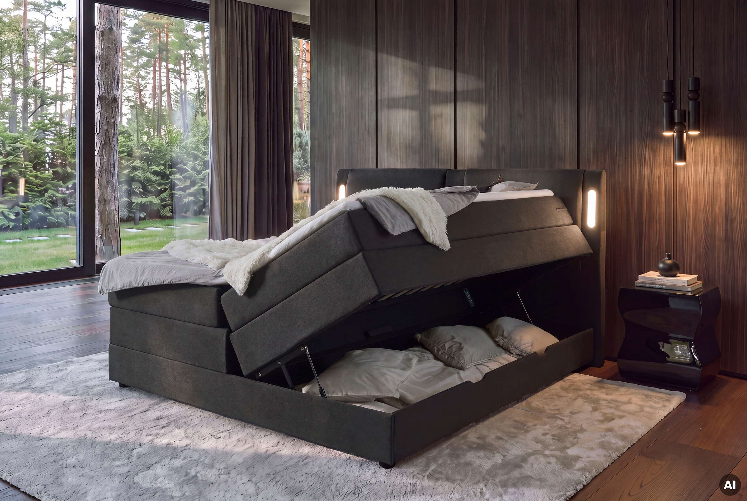 INOSIGN Lit de boxe »ELVERTA, Polsterbett mit Bettkasten, inkl. Taschenfederkernmatratze H3« avec surmatelas et éclairage LED, revêtement en tissu structuré, 180x200 cm