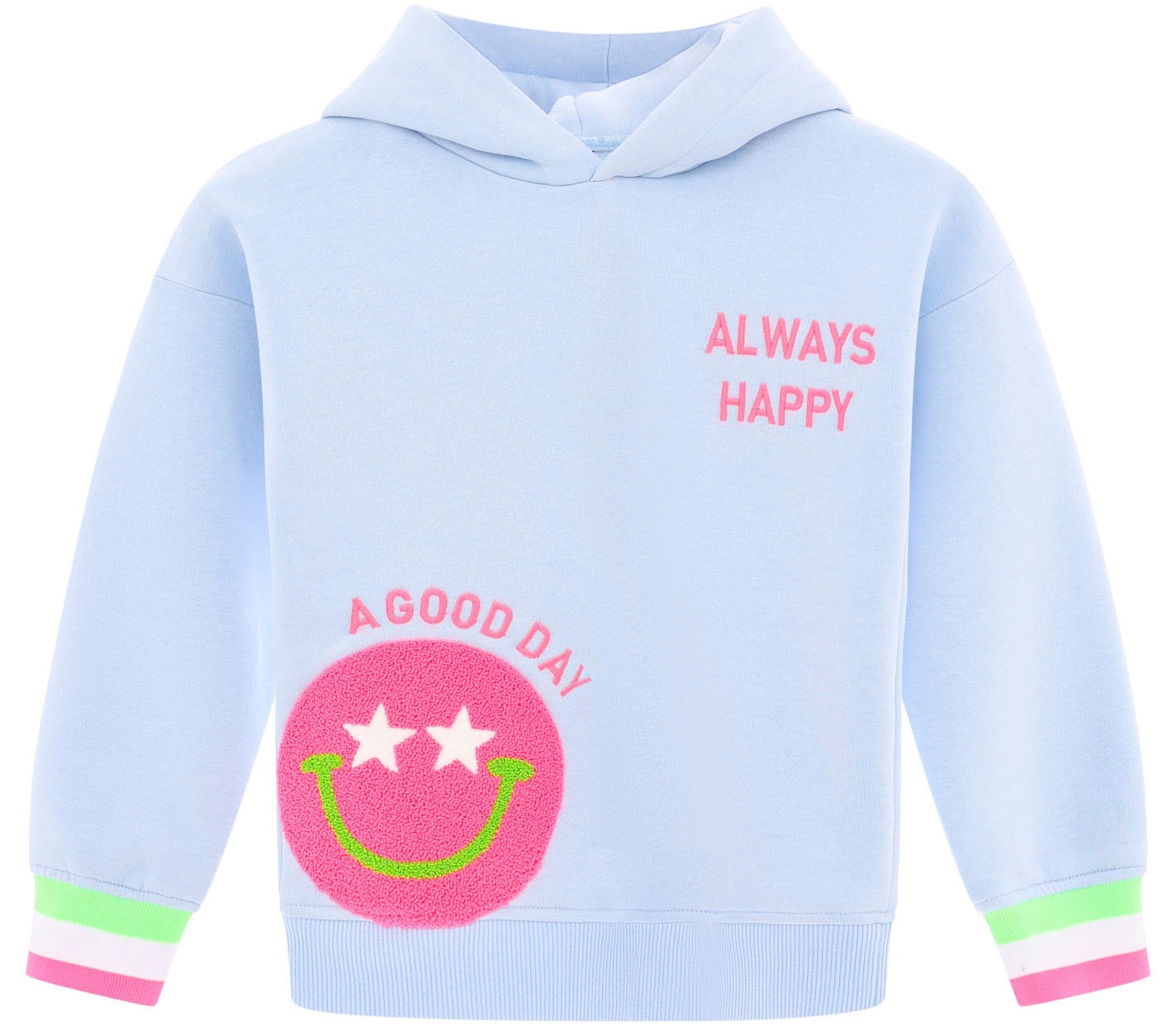 Zwillingsherz Hoodie »"Always Happy" Kids«, mit grossem Smiley und neonfarbenen Details
