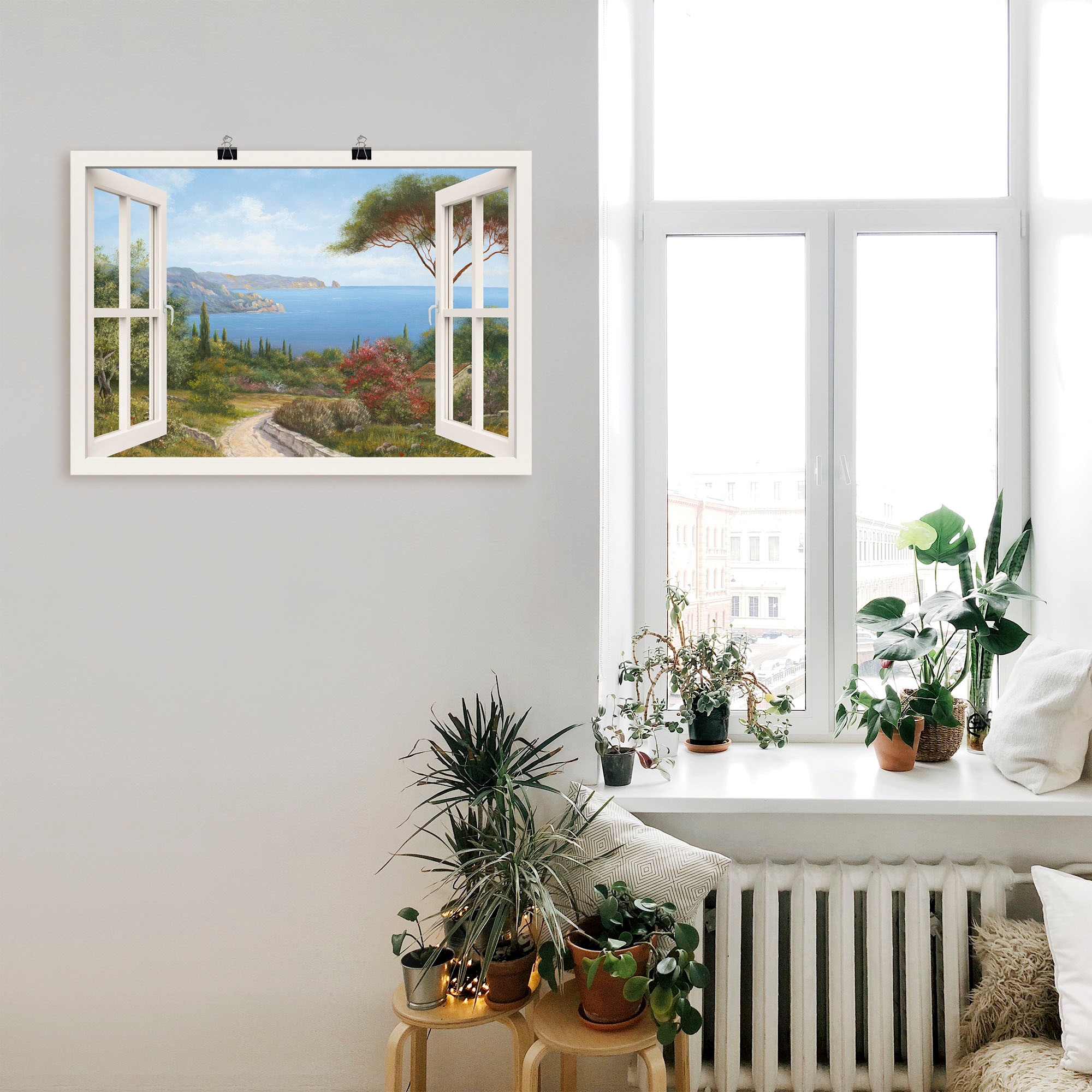 Artland Wandbild »Fensterblick - Haus am Meer I«, Fensterblick, (1 St.), als Leinwandbild, Poster, Wandaufkleber in verschied. Grössen