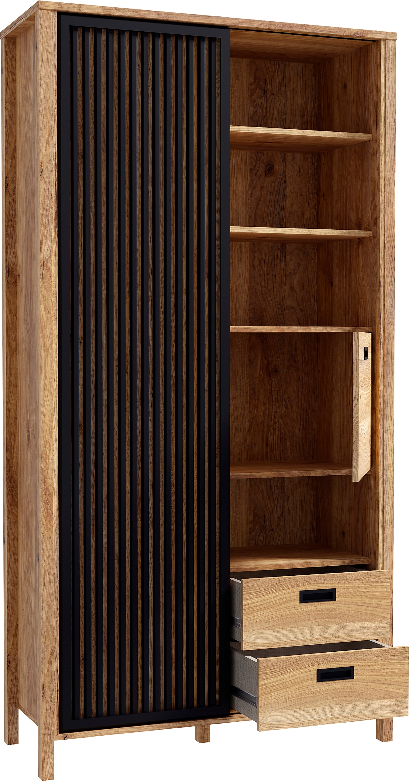 FORTE Buffet haut »Jytana« Hauteur 200,3 cm, porte coulissante aspect lamelles, chêne Mauvella / noir