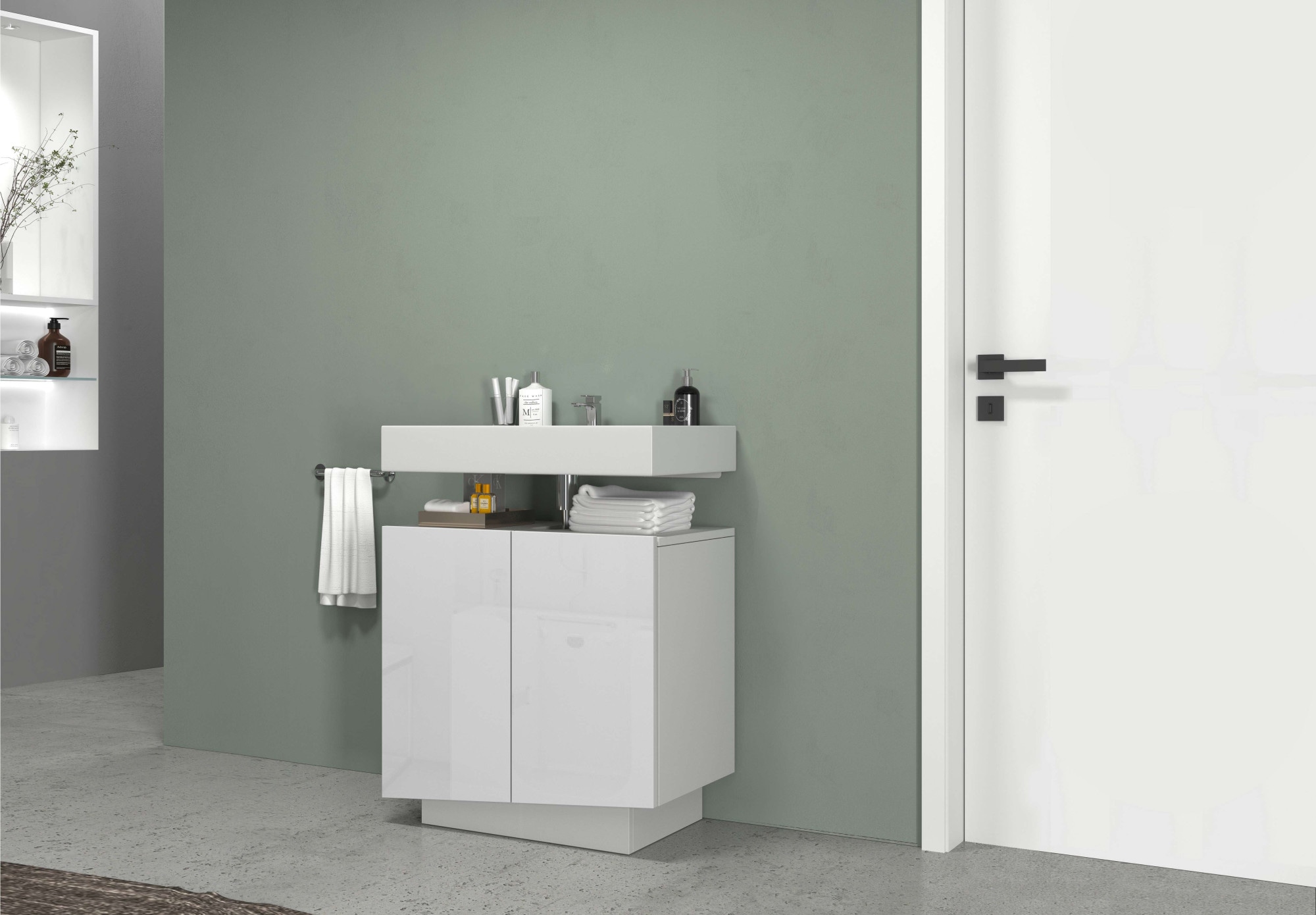 welltime Armoire sous lavabo »Vela,Breite 60cm, 2 Türen, 2 Fächer, mit Siphonausschnitt, lackiert« 1 cuis tlg. meuble sous-lavabo, plan vasque, design avec portes inclinées
