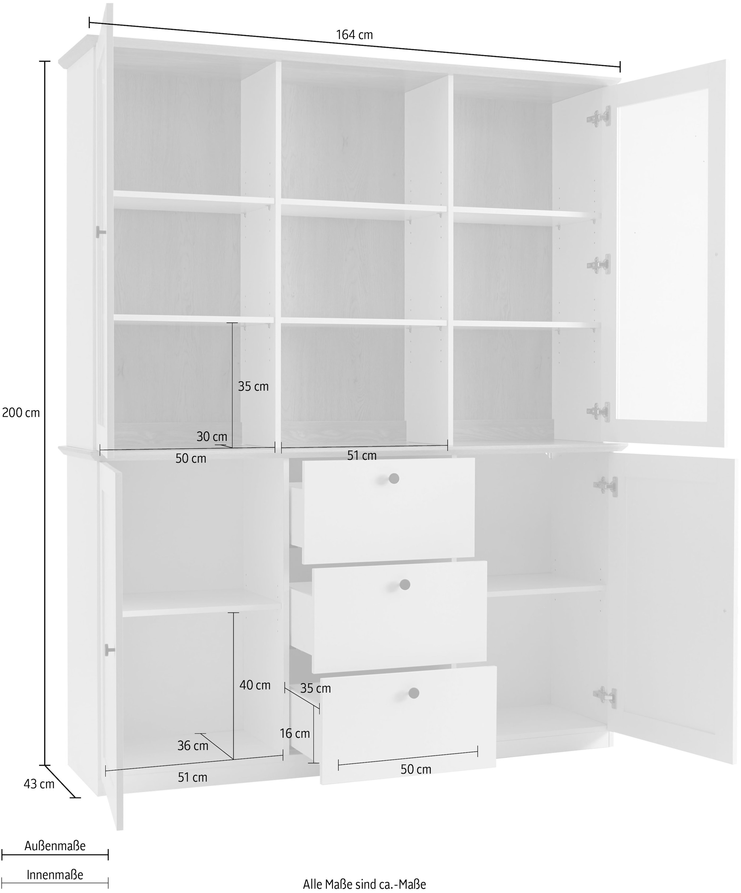 GOODproduct Buffet »Brest, Hochschrank im Landhausstil, Schrank, Küchenschrank« poignées en métal noir, beaucoup d'espace de rangement, portes vitrées, 164 cm de large