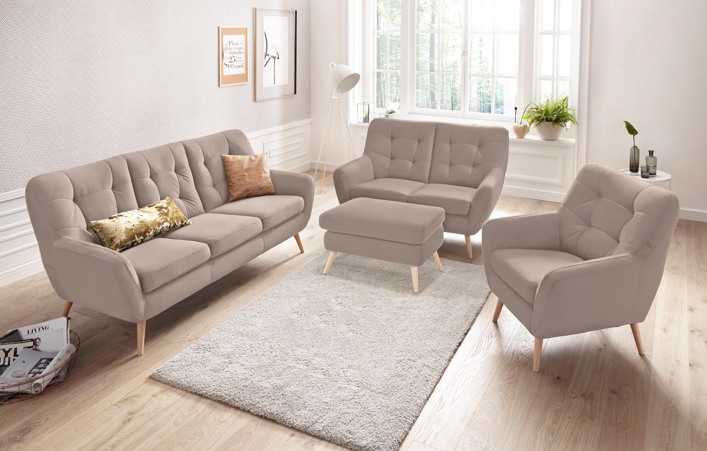 exxpo - sofa fashion Hocker »Scandi bequem und elegant mit hohem Holzfuss«, bequem und elegant mit hohem Holzfuss