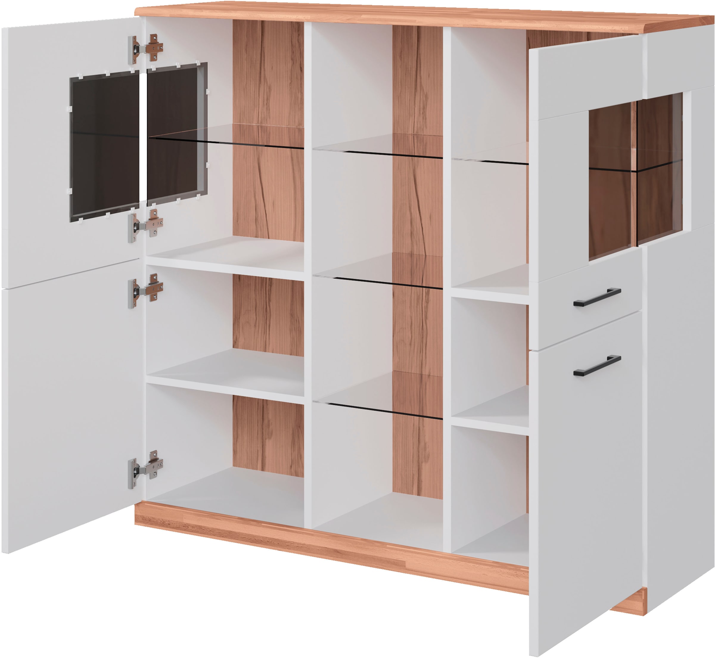 Home affaire Highboard »Ribe,120cm breit,112cm hoch,12 Fächer«, Oberplatte Massivholz,schwarze Metall Griffe,2 Türen mit Glaseinsatz
