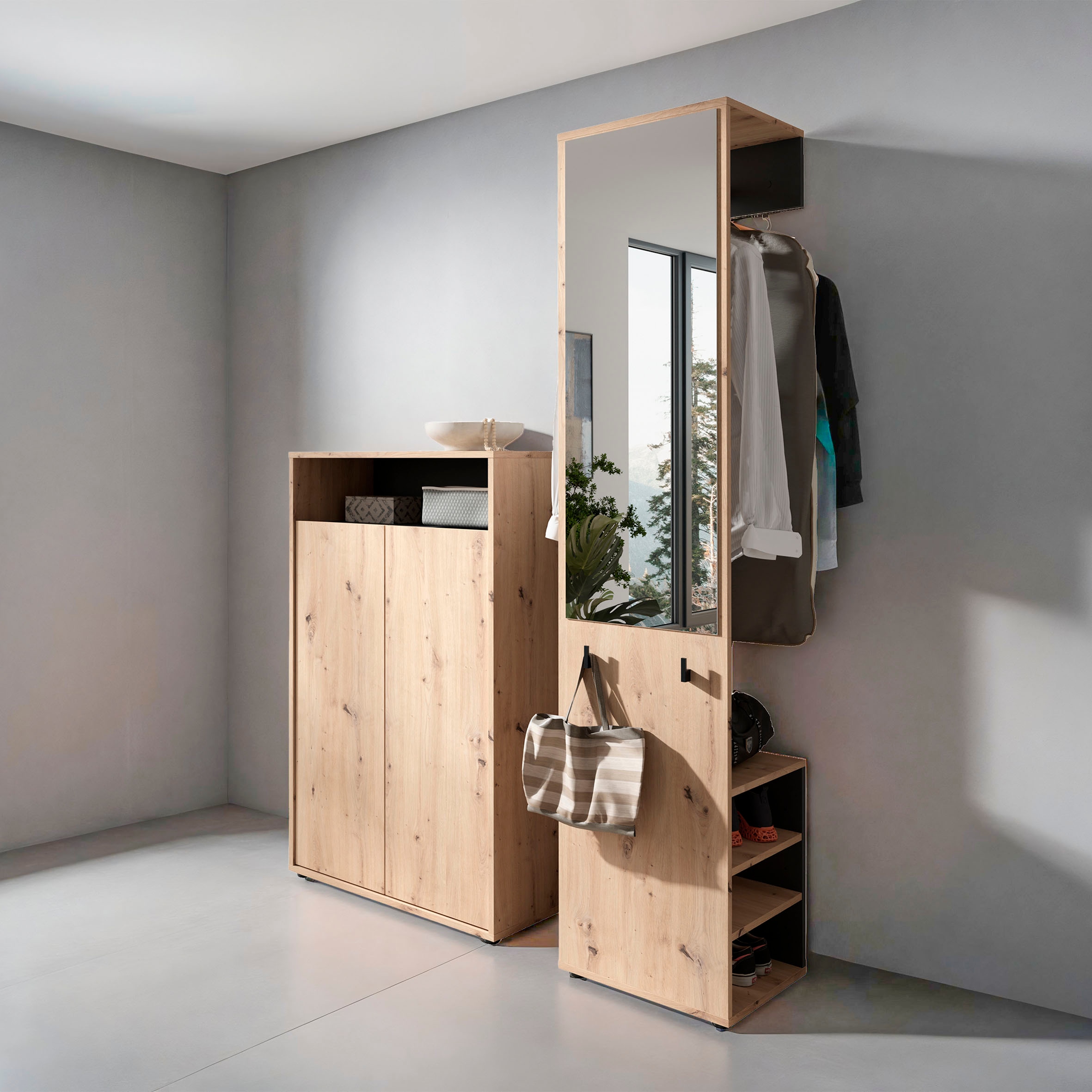Image of byLIVING Garderoben-Set "Lyon, platzsparender Garderobenschrank mit grossem Spiegel" 2 Stk. tlg.