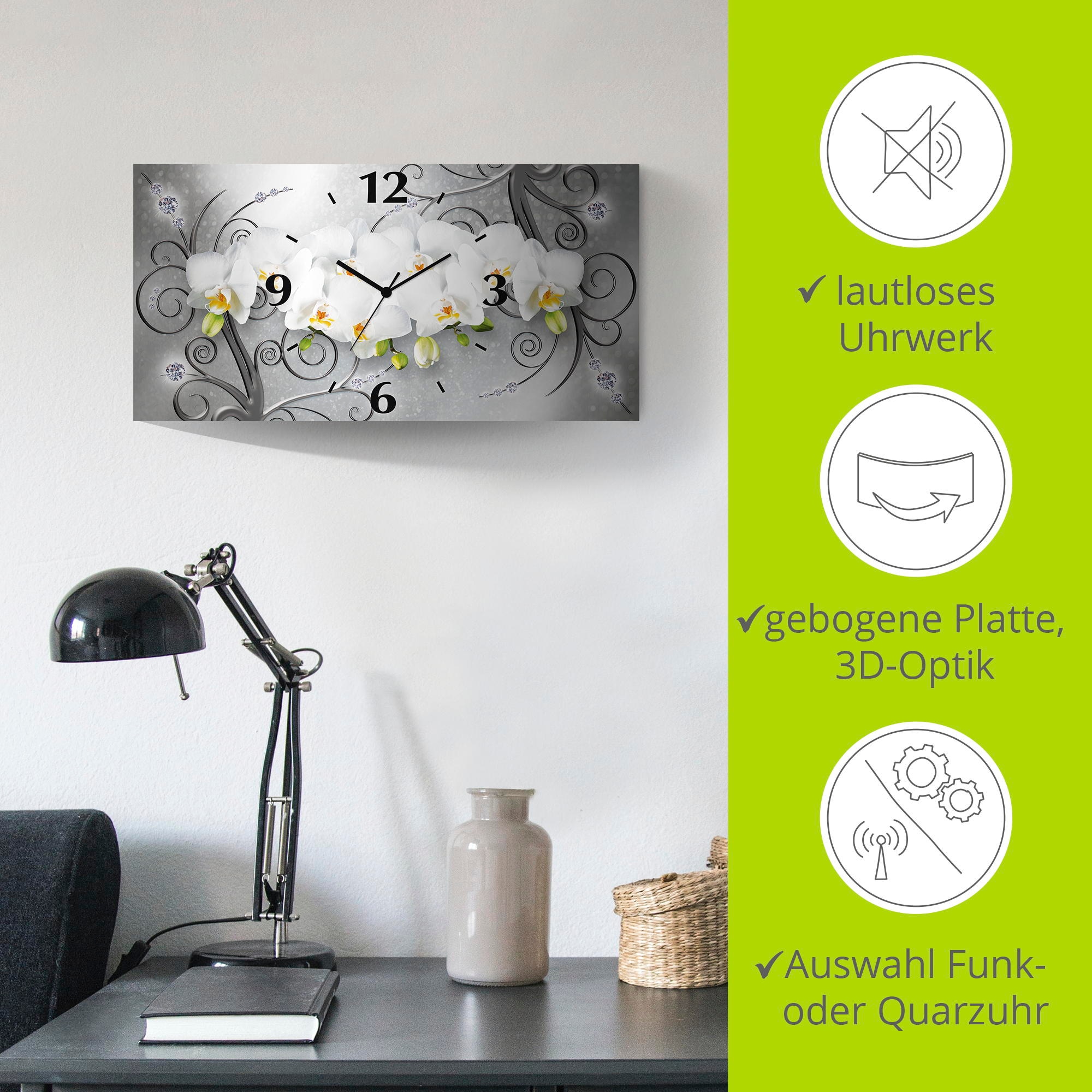 Artland Wanduhr »weisse Orchideen auf Ornamenten«, 3D Optik gebogen, mit Quarz- oder Funkuhrwerk, versch. Grössen