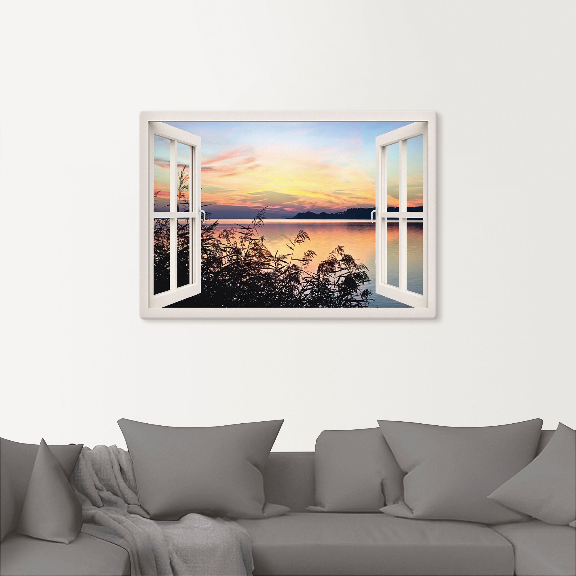 Artland Leinwandbild »Fensterblick - Abendrot im Schilf, weiss«, Fensterblick, (1 St.), auf Keilrahmen gespannt