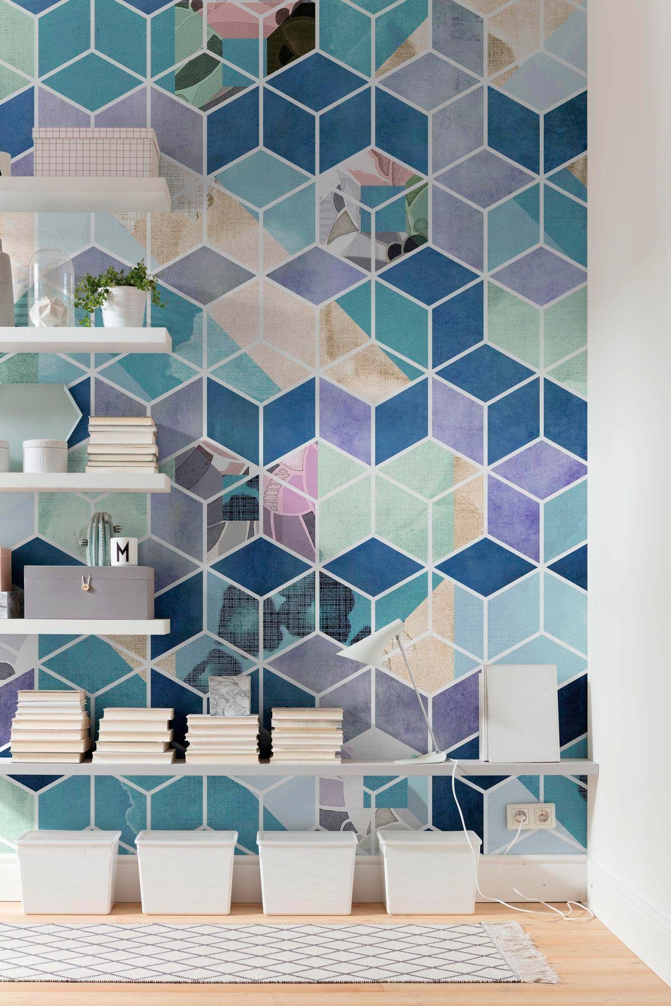 Komar Vliestapete »Digitaldruck Vlies - Geometric Blue - Grösse 200 x 250 cm«, bedruckt, Wohnzimmer, Schlafzimmer