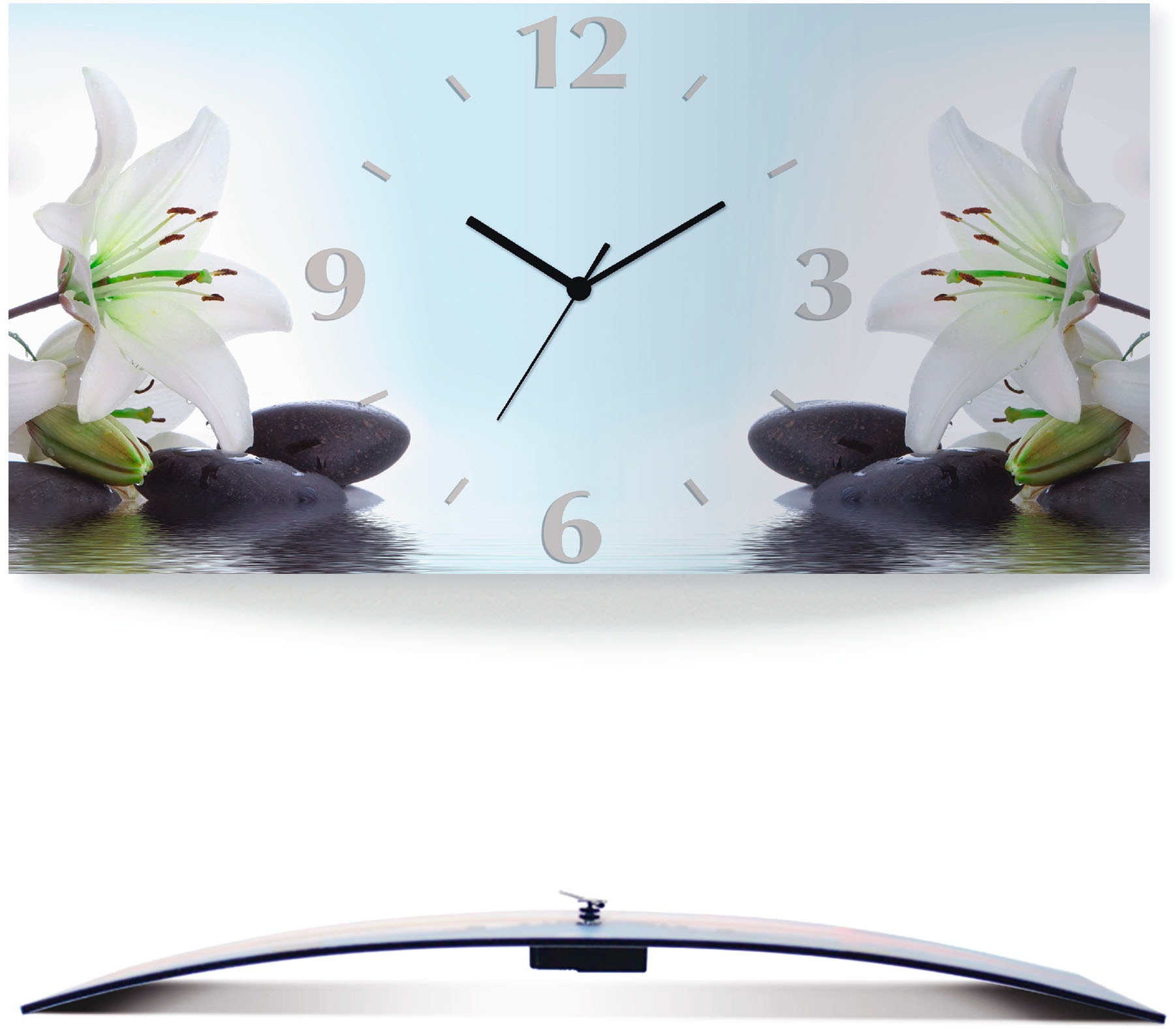 Image of Artland Wanduhr »Nadonna Lilien und Spa Steine im Wasser«, 3D Optik gebogen, lautlos, ohne Tickgeräusche, nicht tickend, geräuschlos - wählbar: Funkuhr o. Quarzuhr, moderne Uhr für Wohnzimmer, Küche etc. - Stil: modern bei Ackermann Versand Schweiz