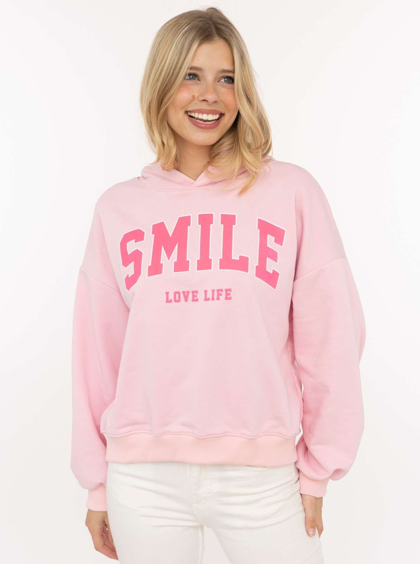 Image of Zwillingsherz Hoodie ""Smile"", Kapuze, lange Ärmel, elastische Bündchen, grosser Neon-Print