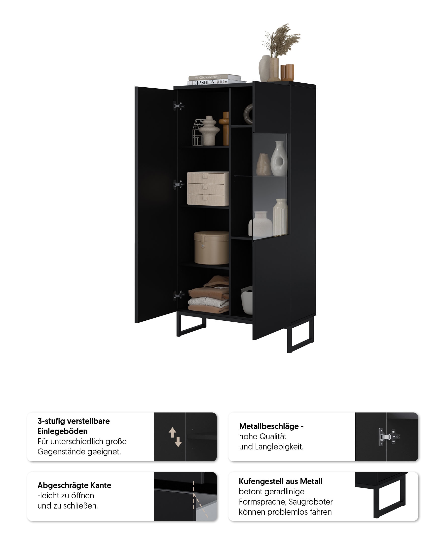 GOODproduct Vitrine »Modo II, Breite 80 cm, moderner griffloser Vitrineschrank« Vitrine viel Stauraum, Einlegeböden verstellbar, Glastür, Metallkufen