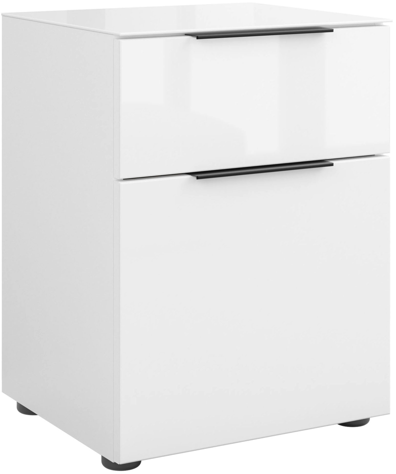 Manjana Möbel Nachtkommode »mit Chrom oder Schwarz matten Metallgriffen« mit Glasfronten, melaminbeschichtete Oberfläche, mit Vollauszug