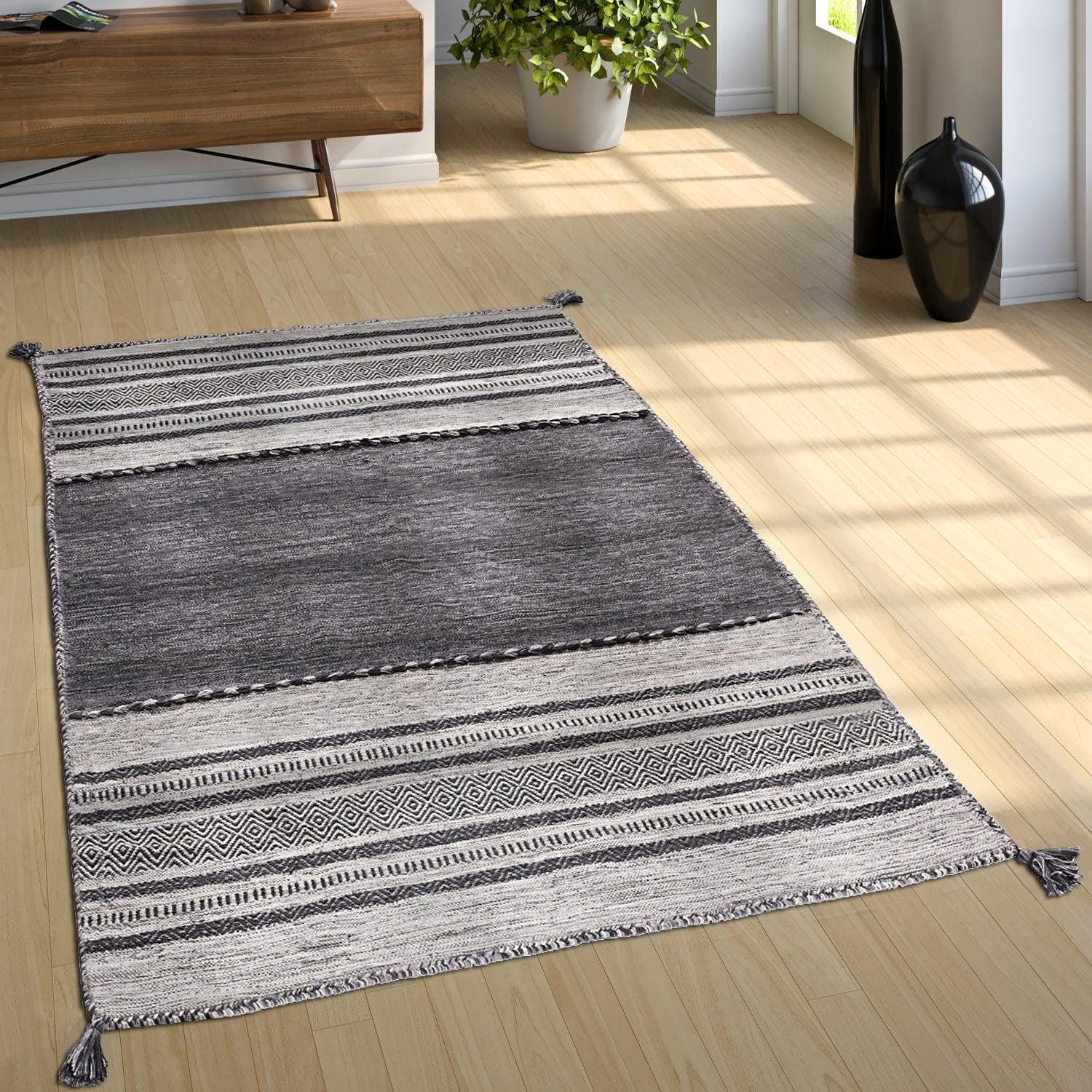 Paco Home Teppich »Kilim 217«, rechteckig, 12 mm Höhe, handgewebter Wendeteppich, reine Baumwolle, gestreift, Wohnzimmer
