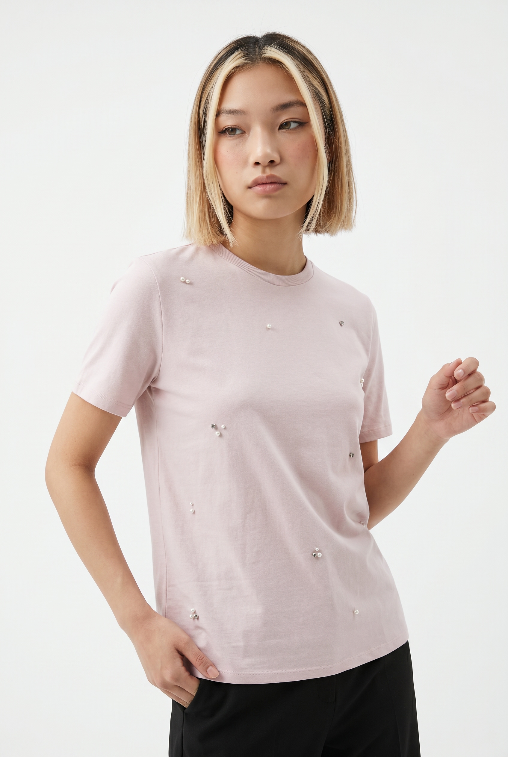 Image of ONLY Kurzarmshirt "ONLPARKER S/S O-NECK BLING TOP BOX JRS" Materialmix, regular fit, Rundhals, mit Strass-Stein Detail