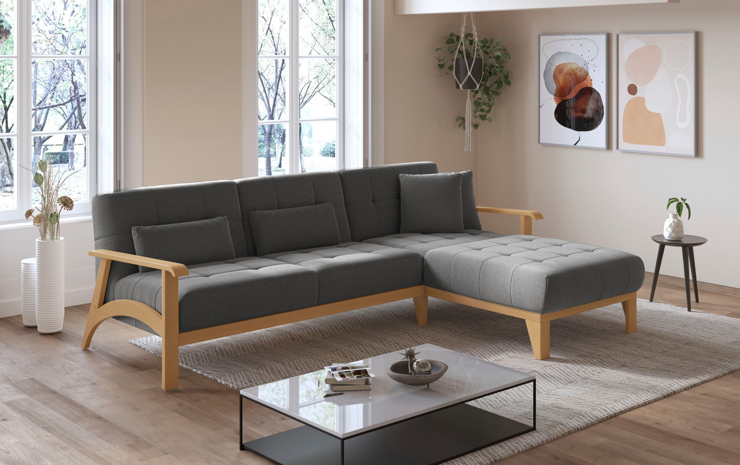 sit&more Ecksofa »Billund L-Form«, Armlehnen aus eichefarbigem Buchenholz, verschiedene Bezüge und Farben