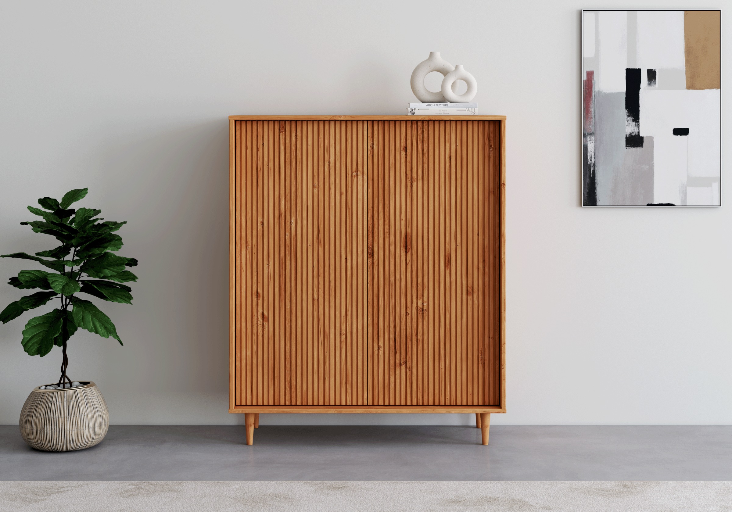 Image of GOODproduct Highboard "Malmedy Front mit gefrästen Rillen" Kommode Midischrank aus massivem Kiefernholz, Push-to-open, B 100 cm