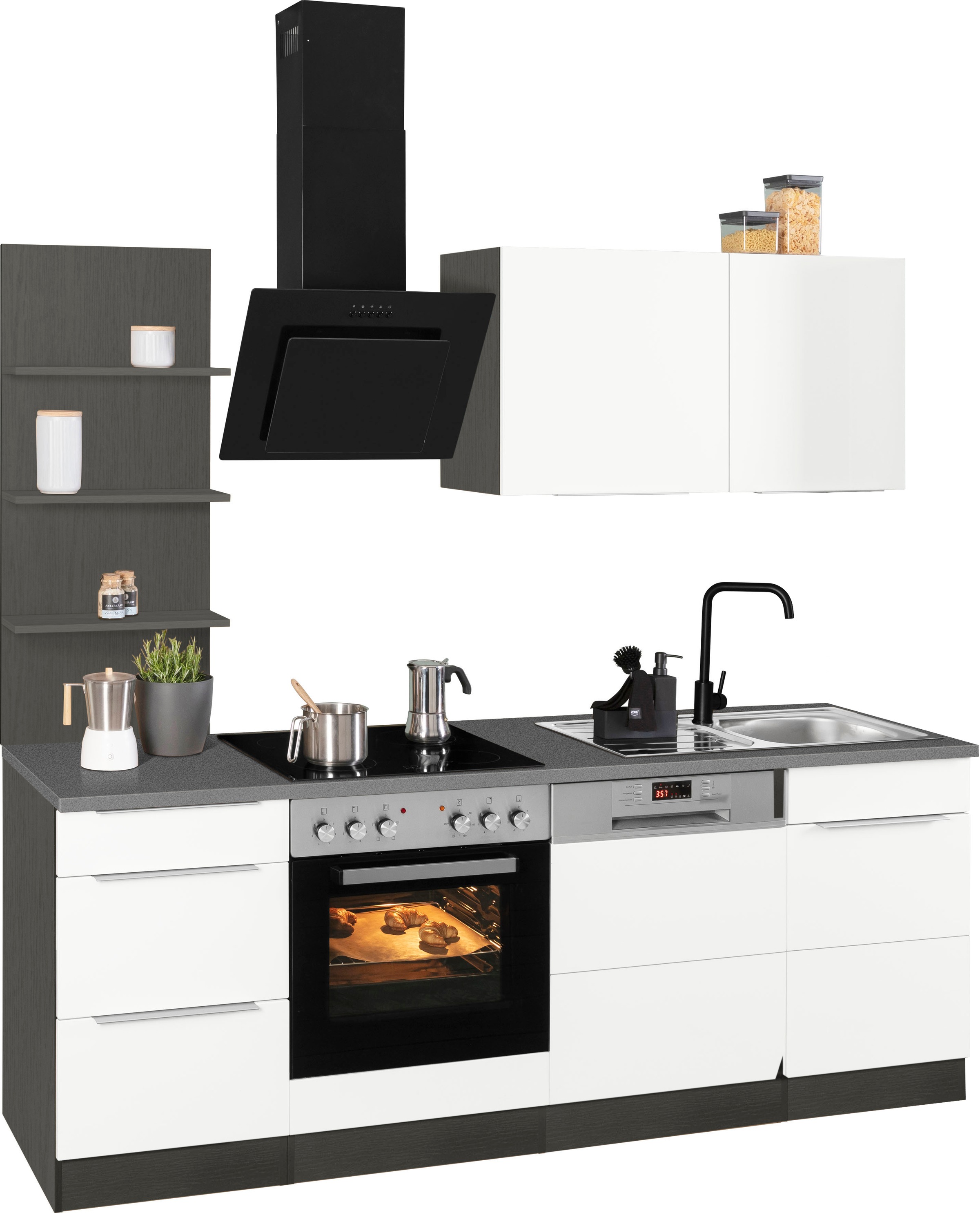 KOCHSTATION Küchenzeile "KS-Brindisi" Breite 220 cm, wahlweise mit E-Geräten, mit MDF-Fronten und Regal