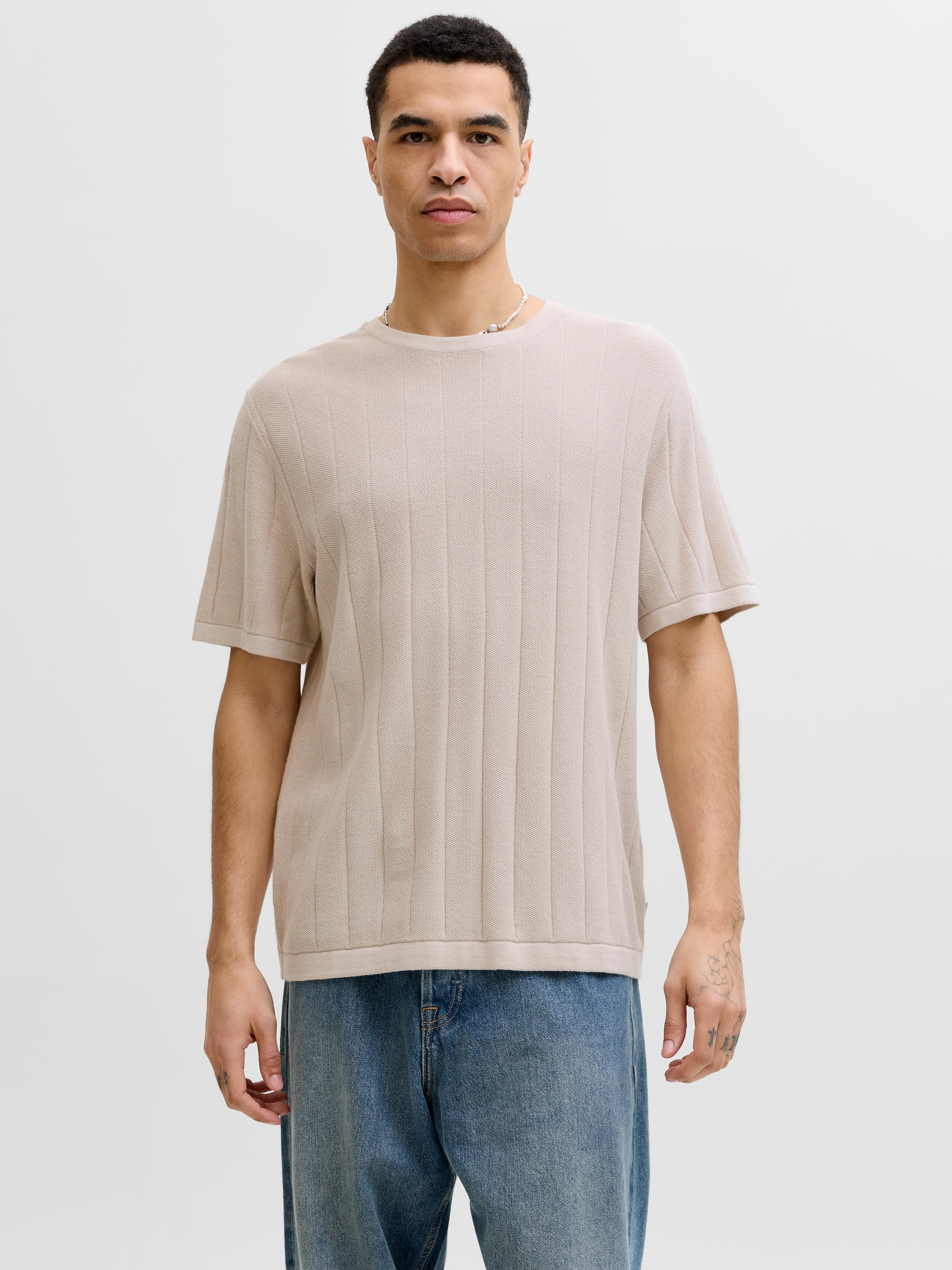 Image of Jack & Jones Kurzarmpullover "JJEBRADLEY KNIT TEE SS LN" Baumwolle, mit vertikaler Rippstruktur