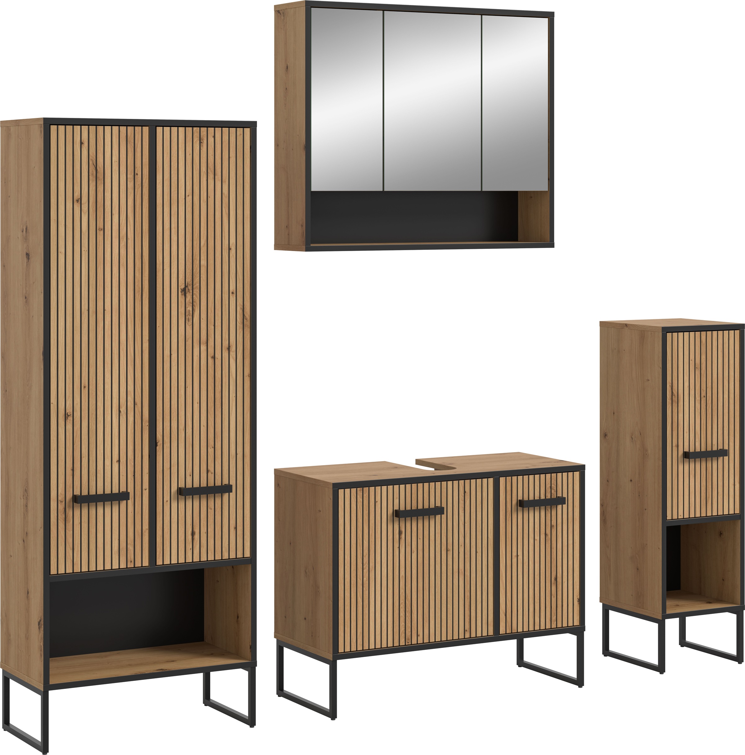 Image of welltime Badmöbel-Set "LOCRI, 4-tlg. Badkombination, Breite 199 cm, Rillenoptik, Metallkufen" bestehend aus: Hochschrank, WBU, Spiegelschrank & Standschrank, 4 Stk. tlg.