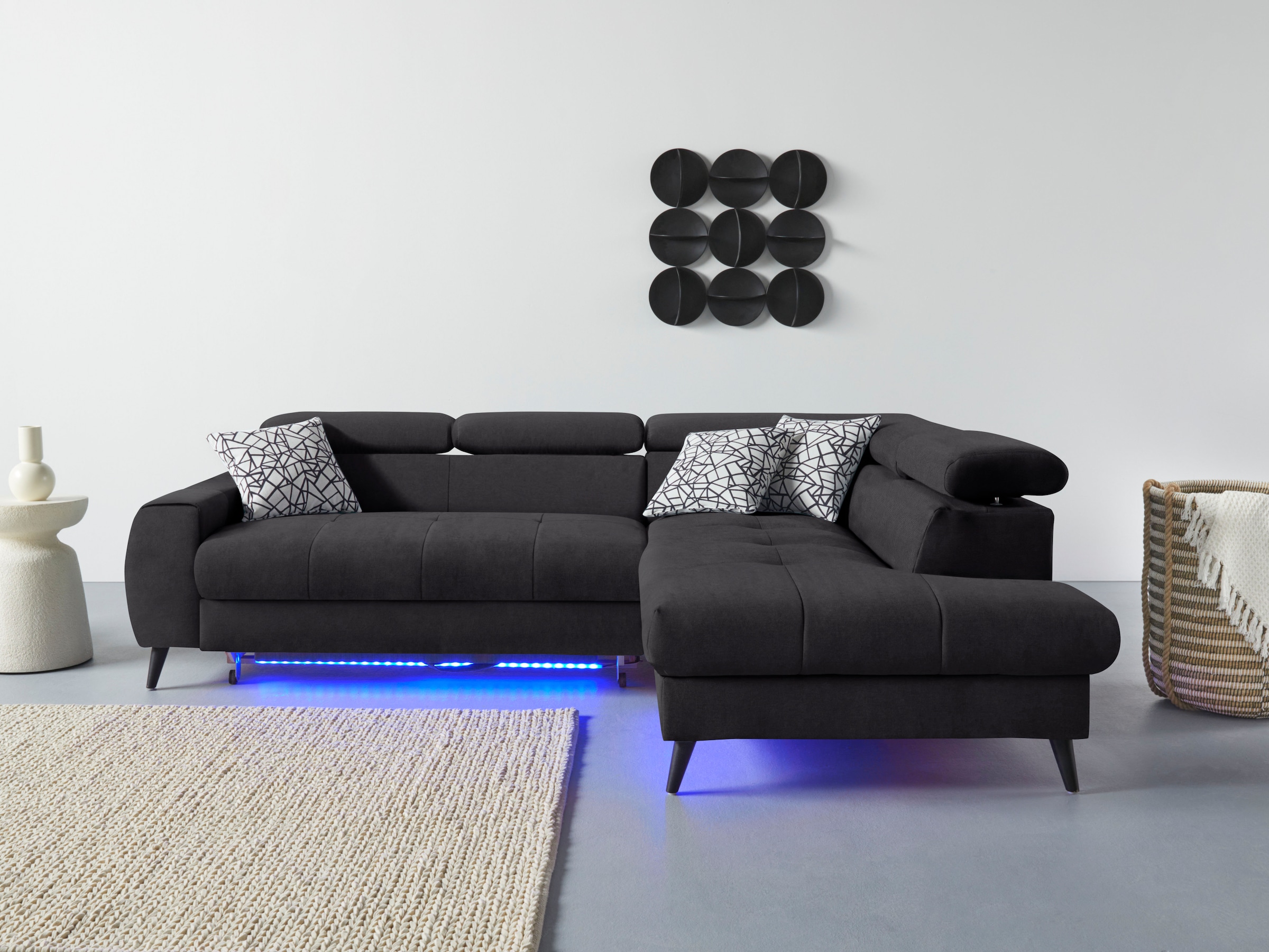 COTTA Ecksofa »Mia L-Form mit 3 Zierkissen«, wahlweise mit Bettfunktion, Bettkasten, Beleuchtung & Wireless-Charger