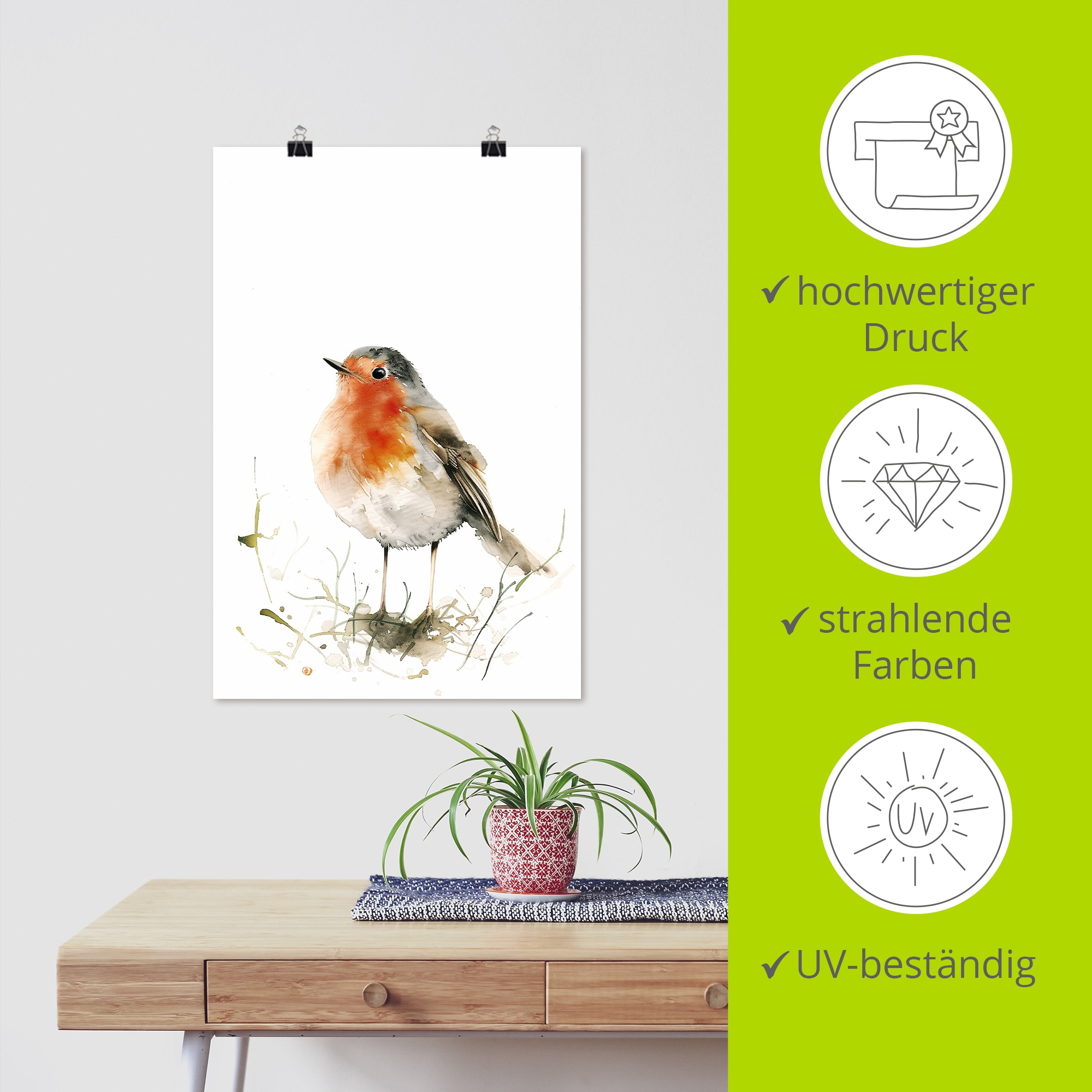 Artland Wandbild »Aquarell Rotkehlchen« Vogelbilder 1 Stk. tlg. als Alubild, Leinwandbild, Poster, Wandaufkleber in verschied. Grössen