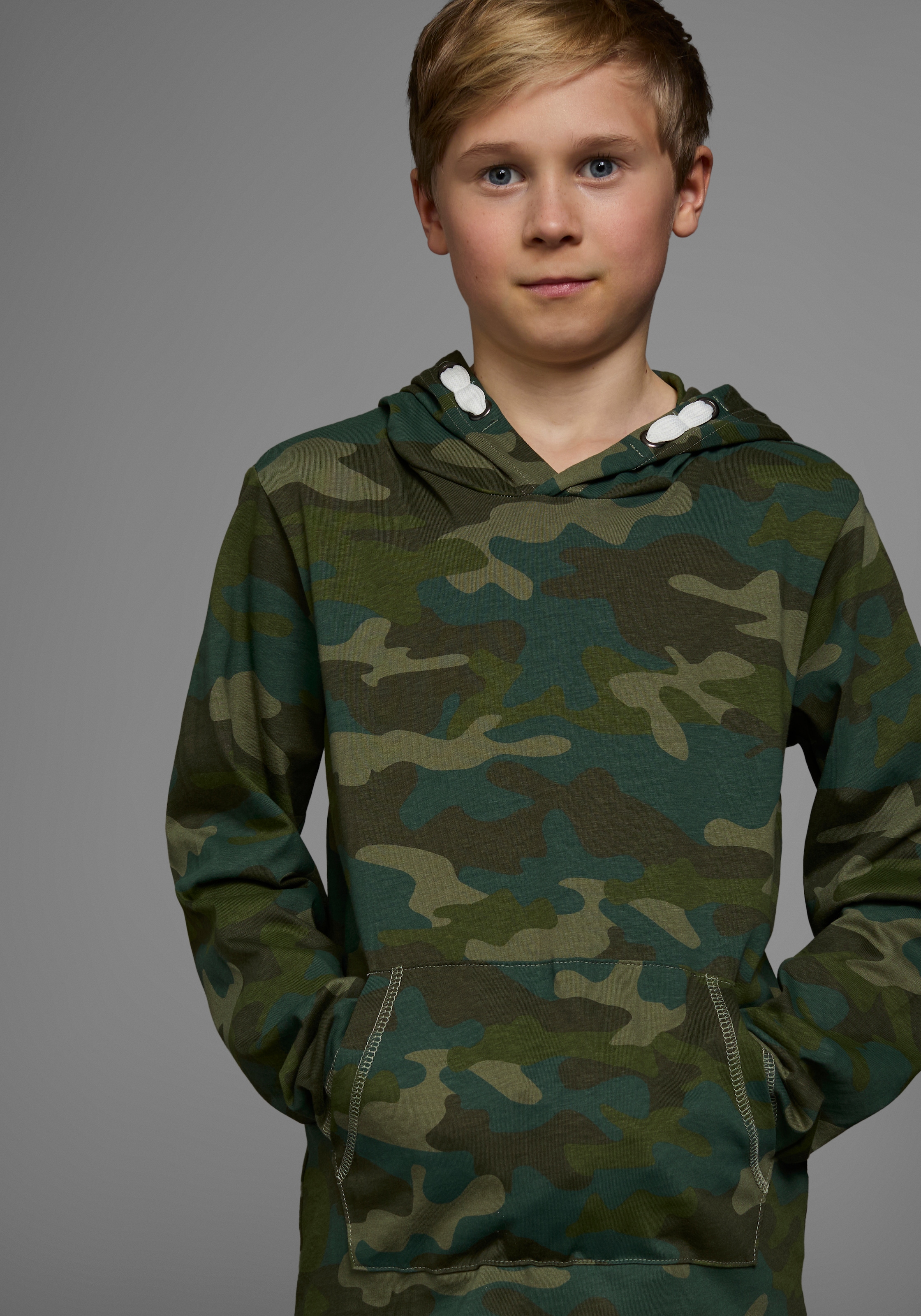 KIDSWORLD Langarmshirt, Langarm, Basic-Passform, Allover-Druck, mit Kapuze
