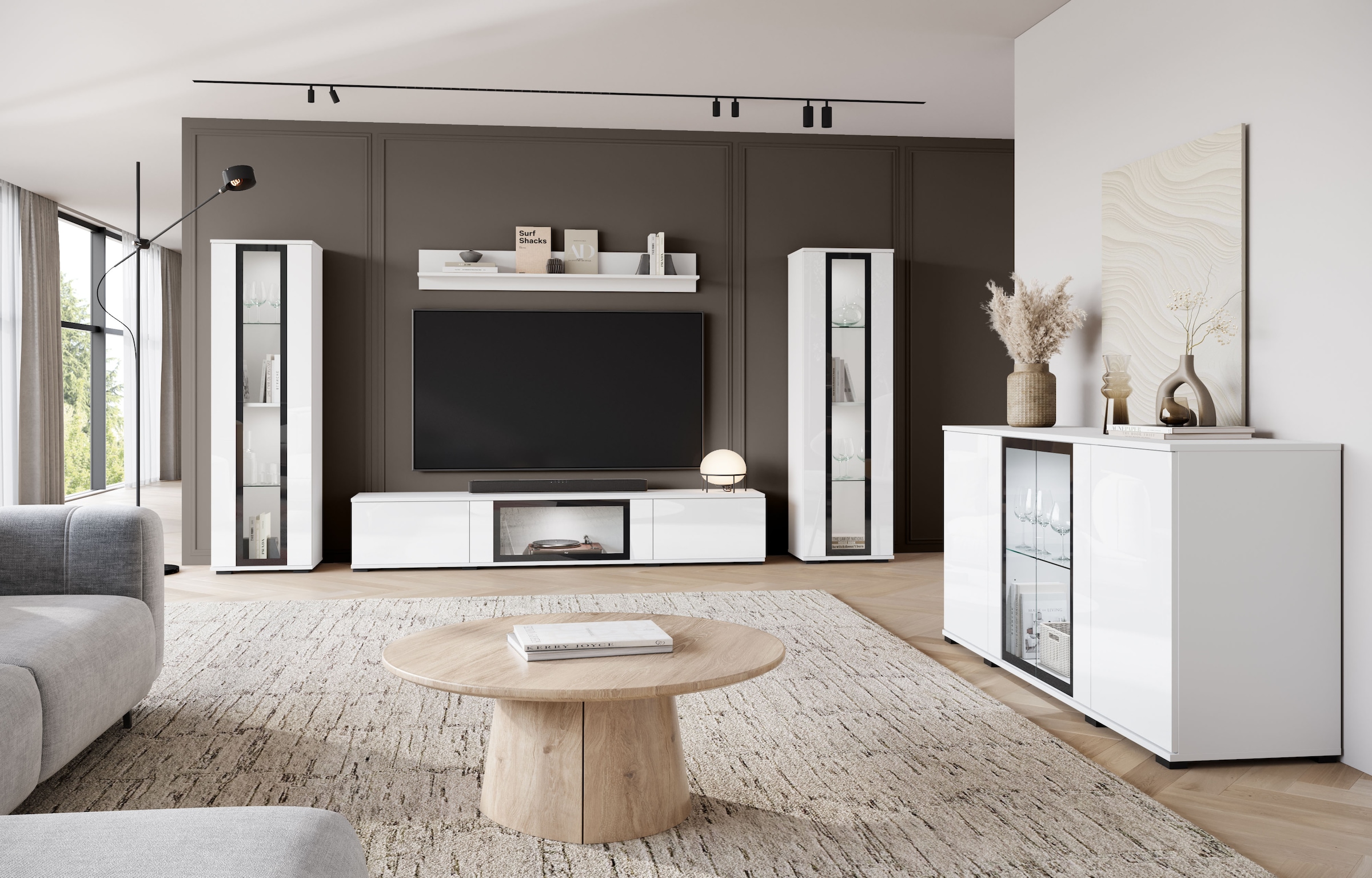 Home affaire Wohnwand »Caro, stehend und hängend montierbar« Komplett-Set, Vitrine Türanschlag links/rechts wechselbar, 4 Stk. tlg.