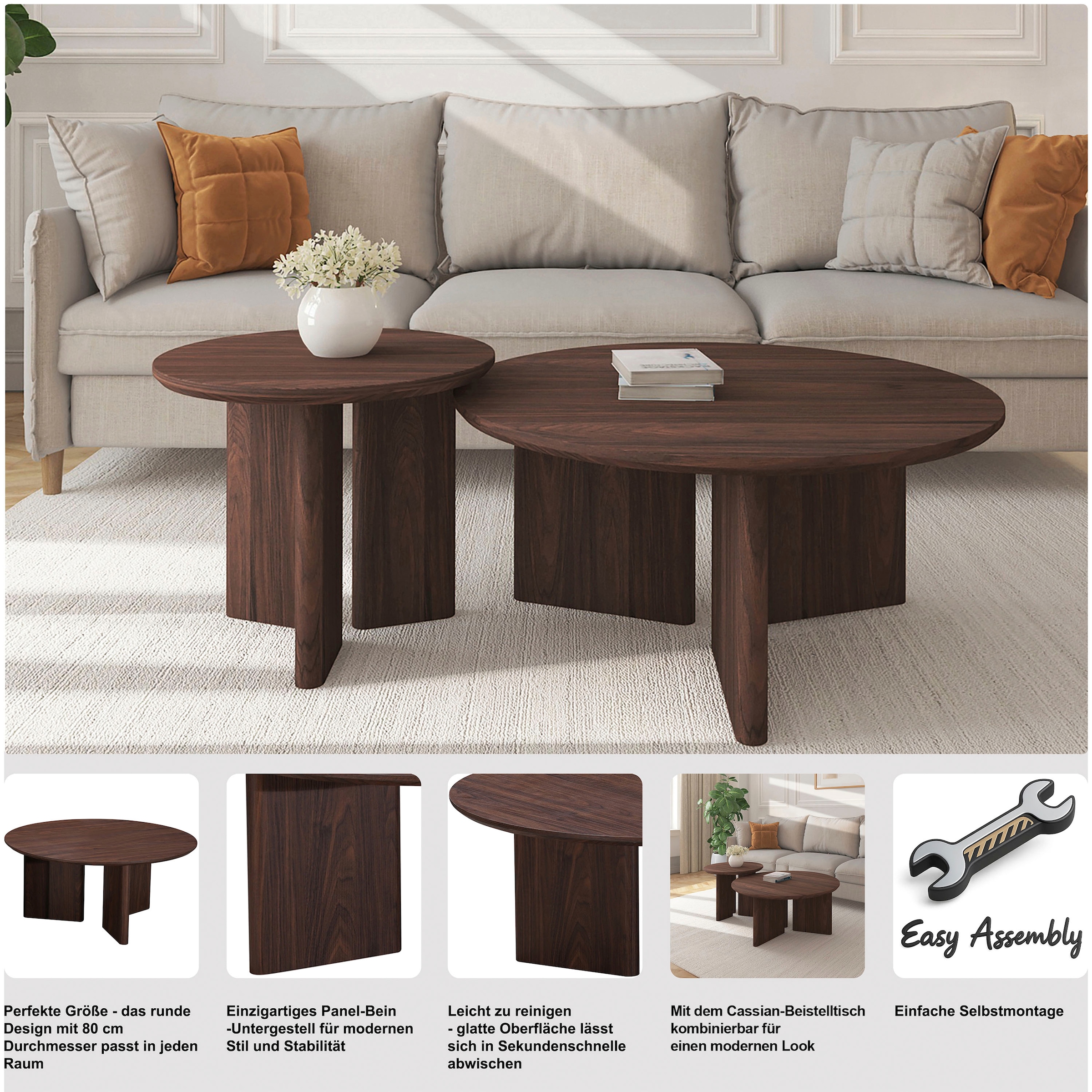 GOODproduct Table basse »Cassian« 1 cuis tlg. aspect chêne, pied moderne, Ø 80 cm