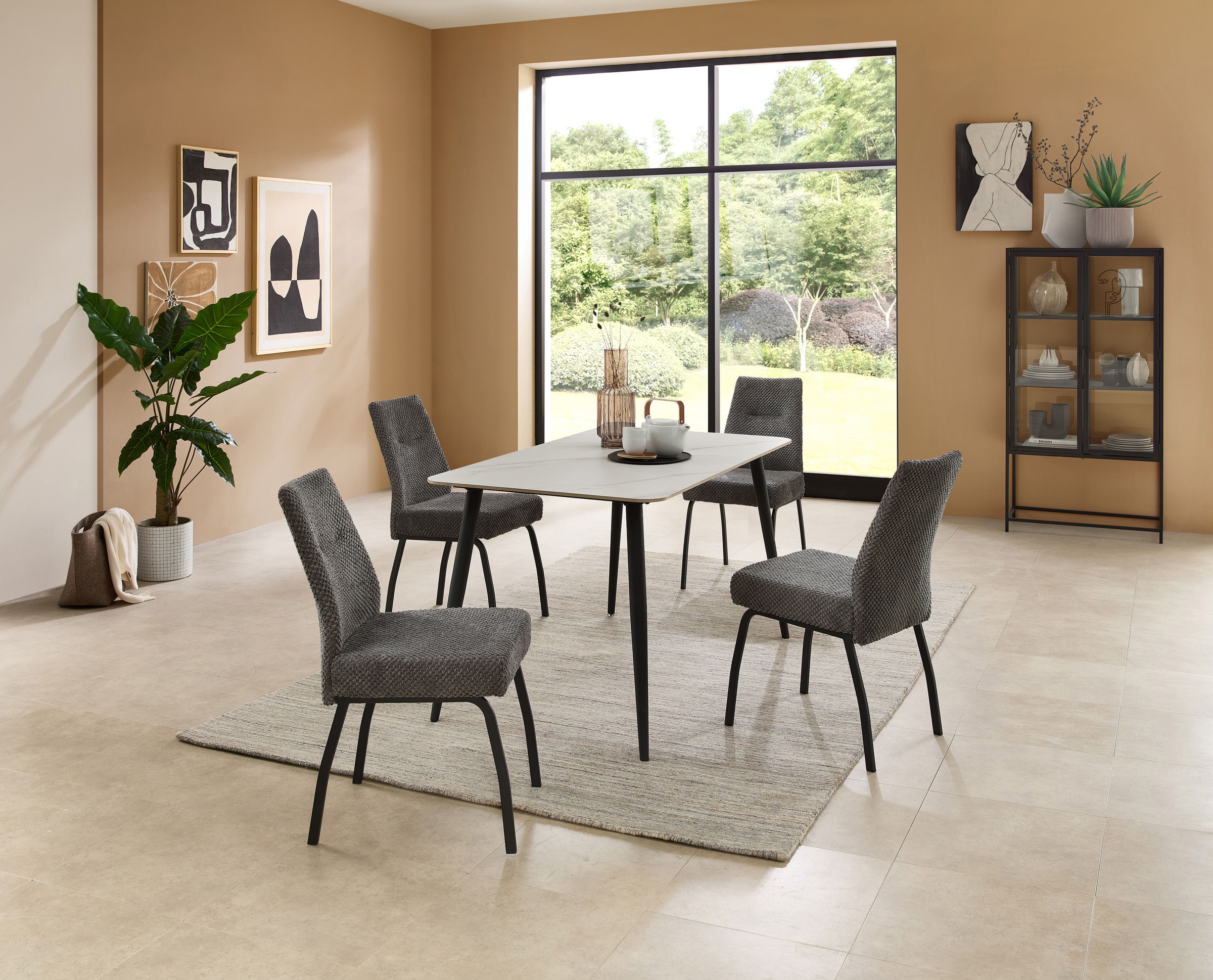 Stolkom Esstisch »Cody Esszimmertisch Keramik, Weiss marmoriert, BxHxT 140x76x80 cm«, Keramikoberfläche weiss marmoriert, 4-Fuss Gestell Schwarz matt