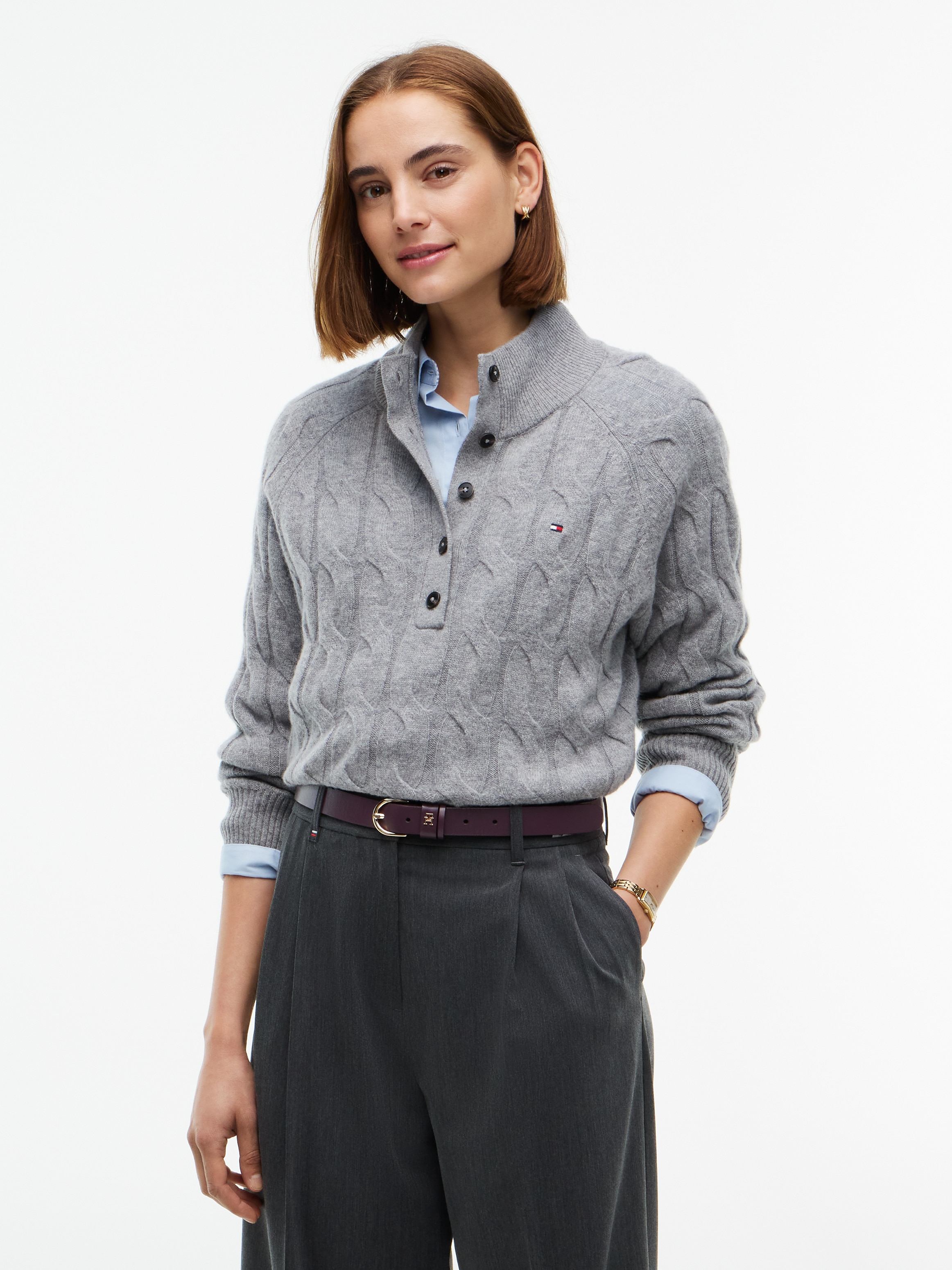 Image of Tommy Hilfiger Wollpullover "SOFT WOOL CABLE MK-NK HENLEY" Wolle, mit Zopfmuster